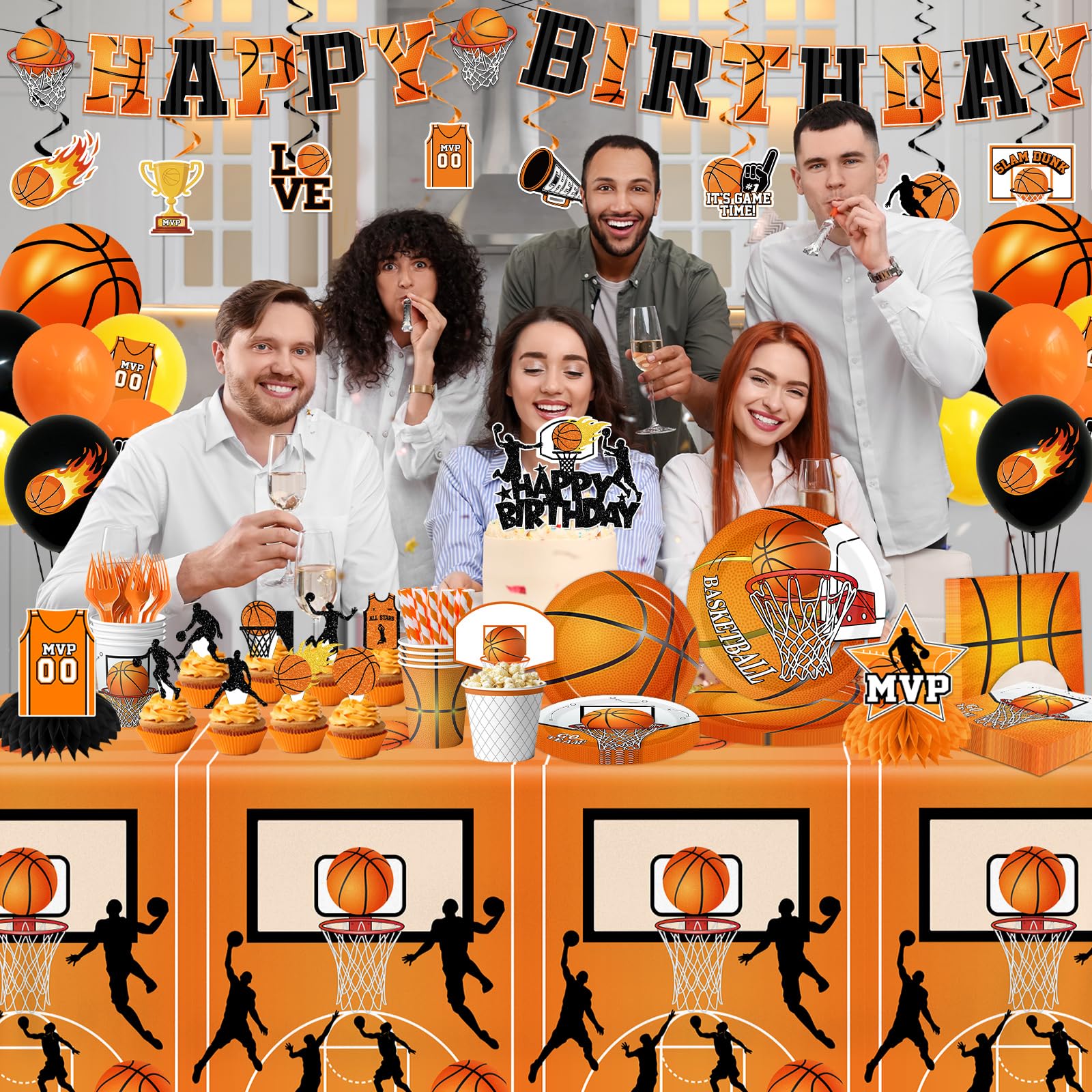 Basketball Party Decorations,206pcs Basketball Birthday Decorations Include Plates And Napkins Cups,Tablecloth,Banner,Hanging Swirls,Cake Topper,Balloon for Basketball Party Supplies,Serve 24