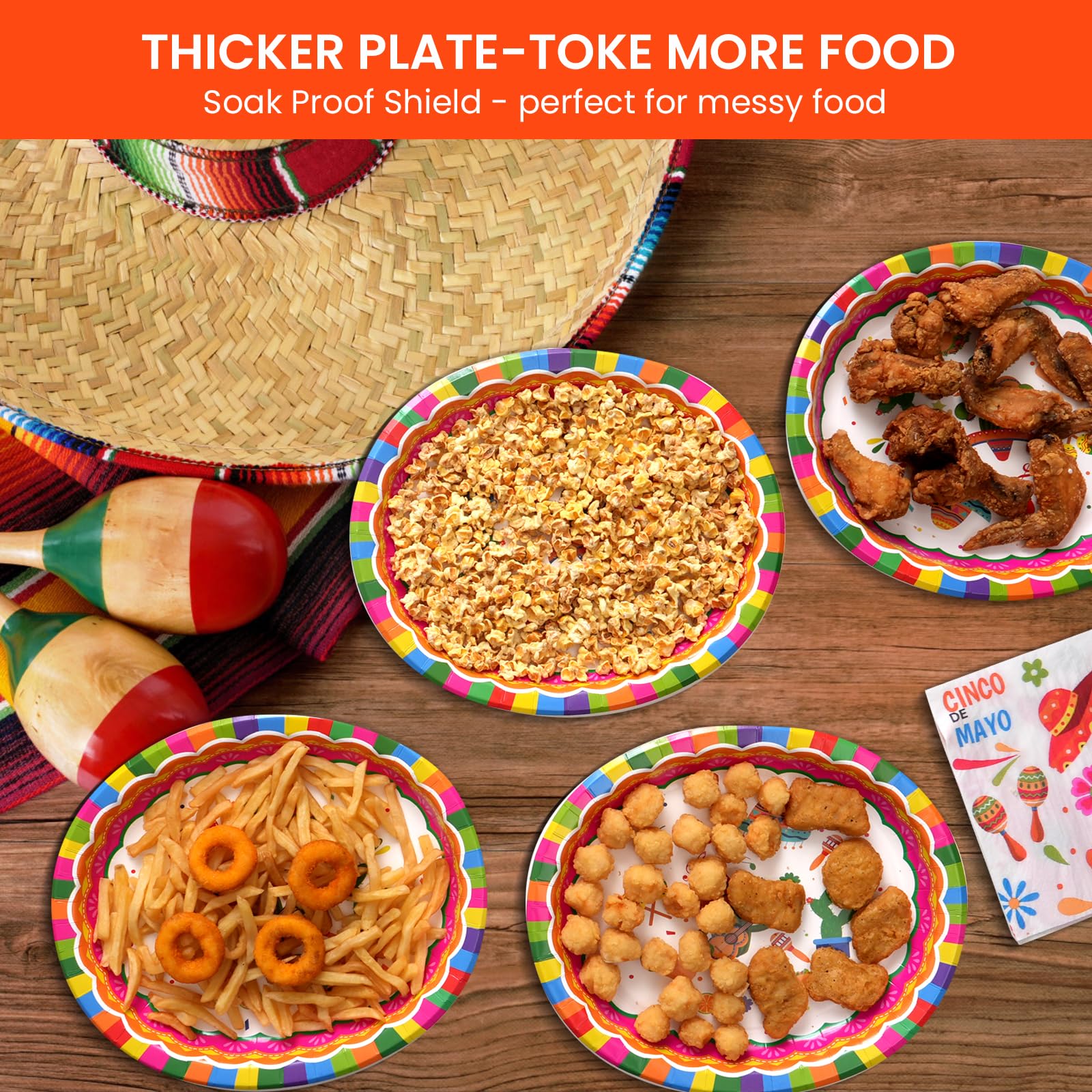 Dereinwo 50Pcs Fiesta Large 12" x 10" Oval Paper Plates and Napkins Disposable Heavy Duty Paper Plates and Napkins for Cinco De Mayo Party Supplies