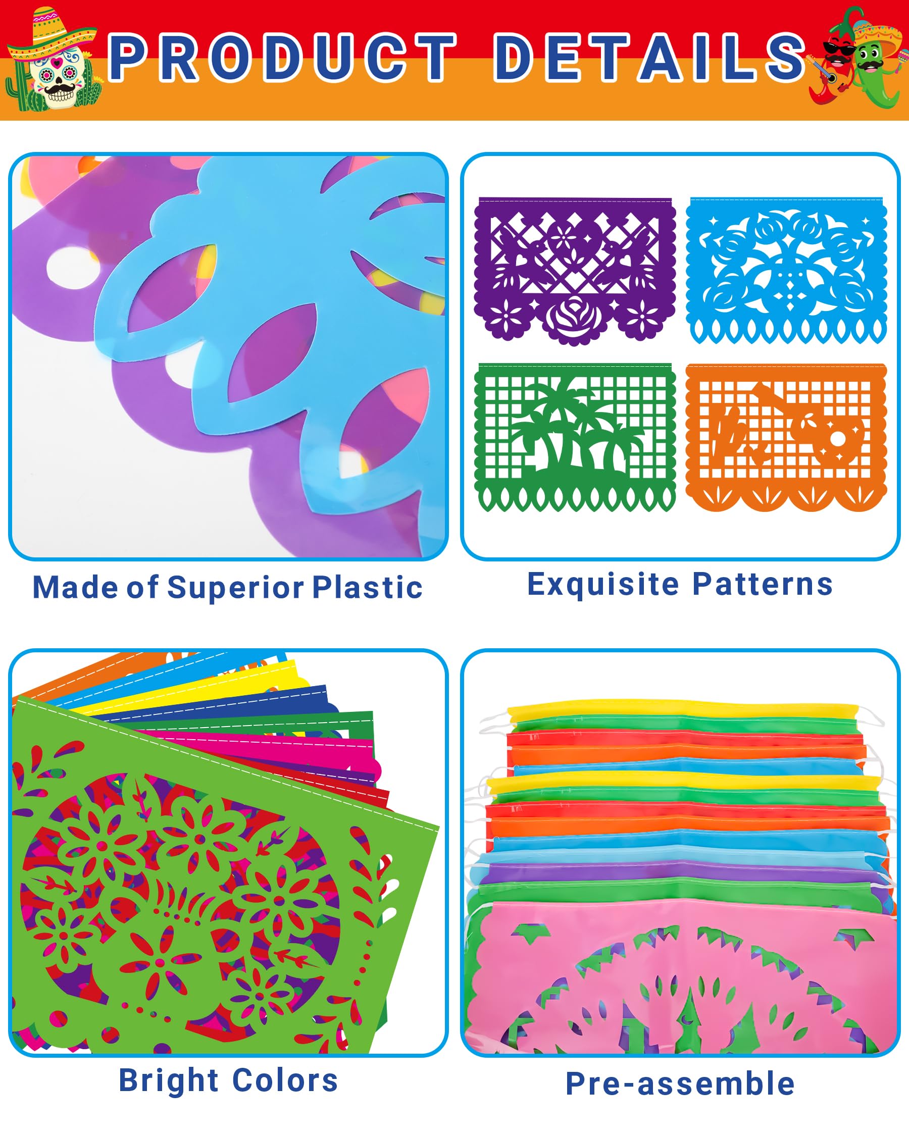 36 FT Cinco De Mayo Decorations, 2 Pack Mexican Party Banner, Plastic Fiesta Banner Colorful Papel Picado Hanging Banner String Flags Mexican Theme Party Dia De Los Muertos Day of the Dead Decor