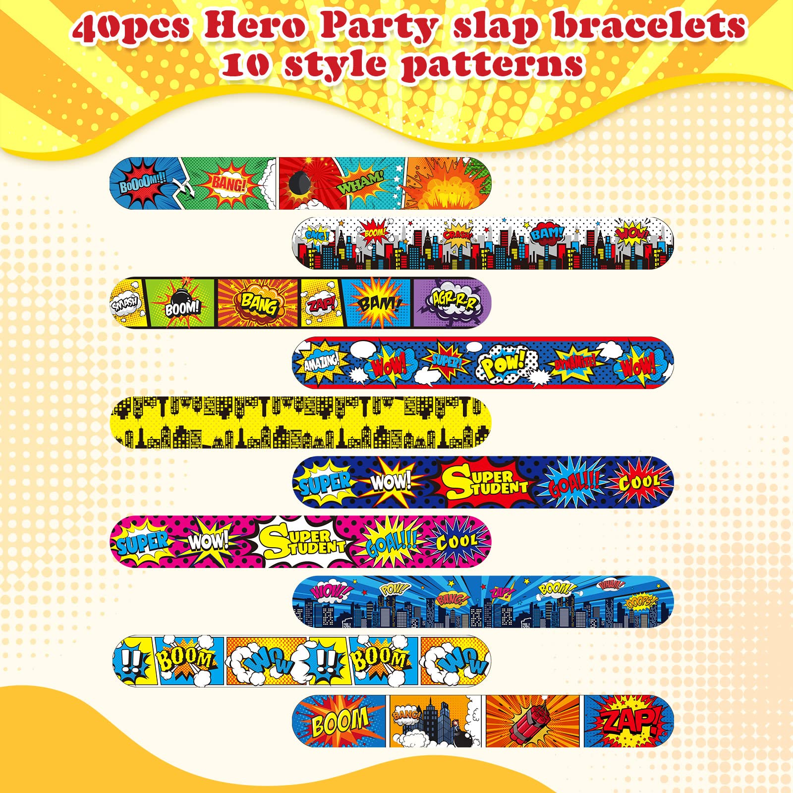 Junkin 40 Pcs Hero Tie Dye Party Favors Slap Bracelets for Kids , 10 Styles