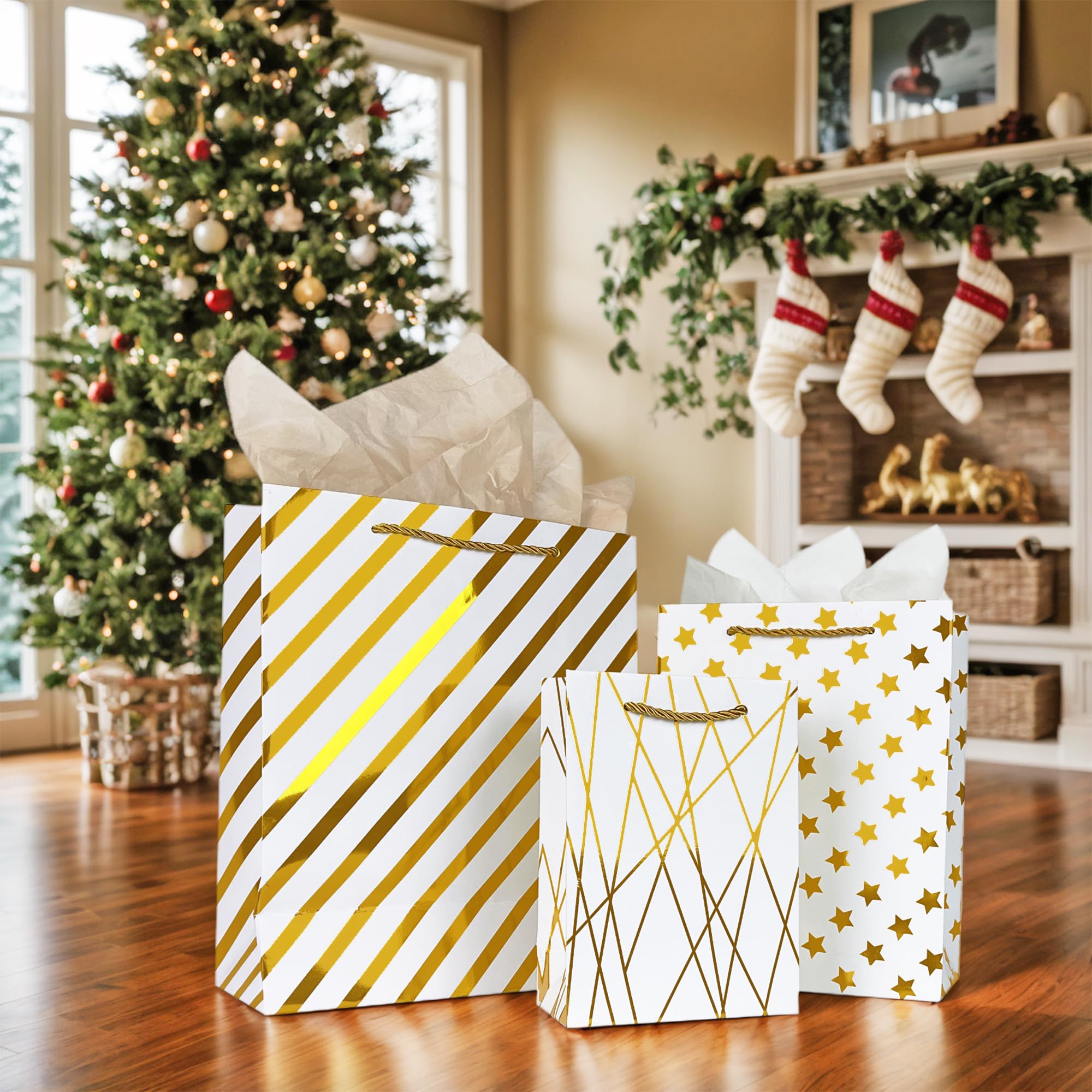 KEEPARTY Assorted Sizes Gold Foil Gift Bags with Tissue Paper Suitable for Many Occasions Set of 10 with 6 Design Styles 4 Small 4 Medium and 2 Large Gift Bags