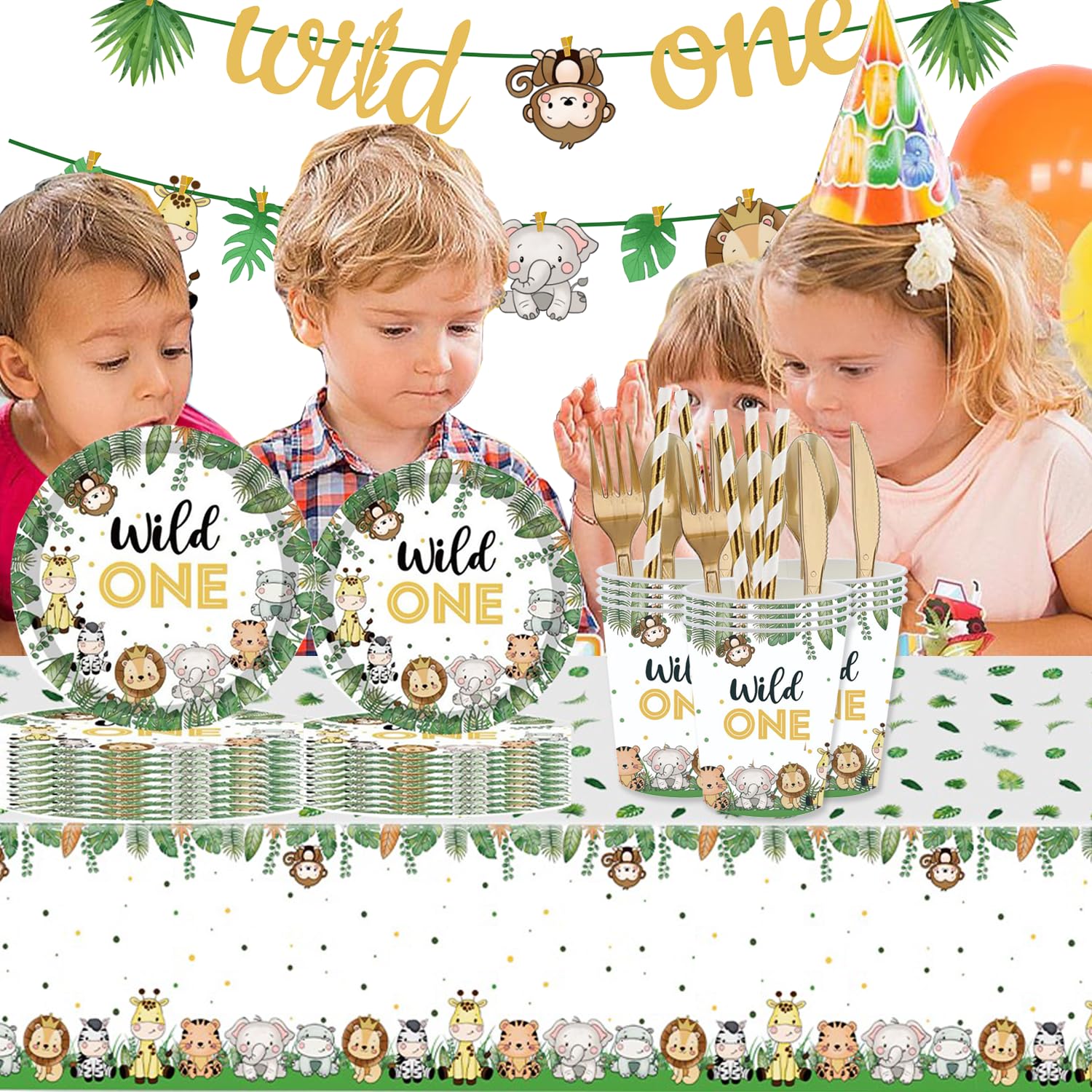Wild One Birthday Decorations 202 Pcs for 25 Guests, Jungle Safari Theme Party Supplies with Animal Plates Napkins Cutlery Tablecloth Banner, Baby Shower or Boys 1st Birthday Party