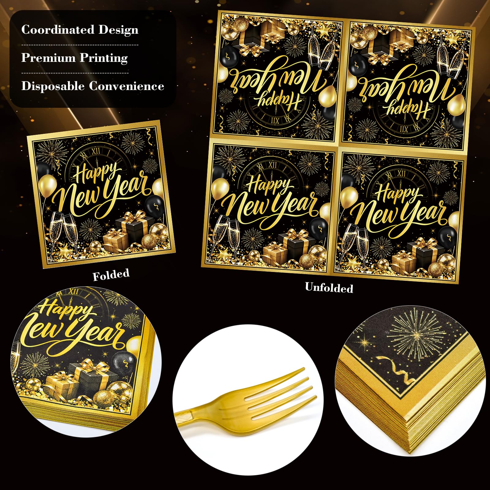 Herytem 96 Pieces New Year’s Eve Plates and Napkins Set – Black and Gold 2027 Disposable 9 Inch and 7 Inch Party Plates with Gold Forks for New Year Countdown Celebration – Serves 24 Guests