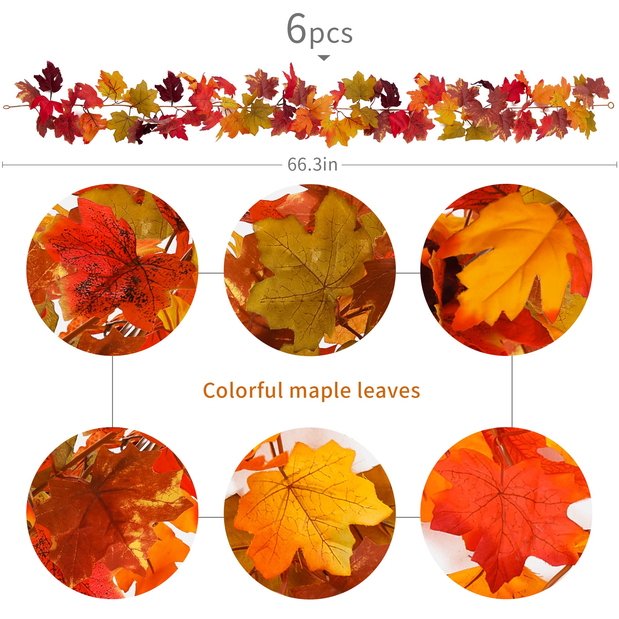 6PCS Fall Maple Leaves Garland, Party Joy 5.6Ft Artificial Maple Leaf Autumn Garland Hanging Fall Vines Table Decorations Front Door Fall Decor Thanksgiving Decorations Decor Outside Indoor Decor