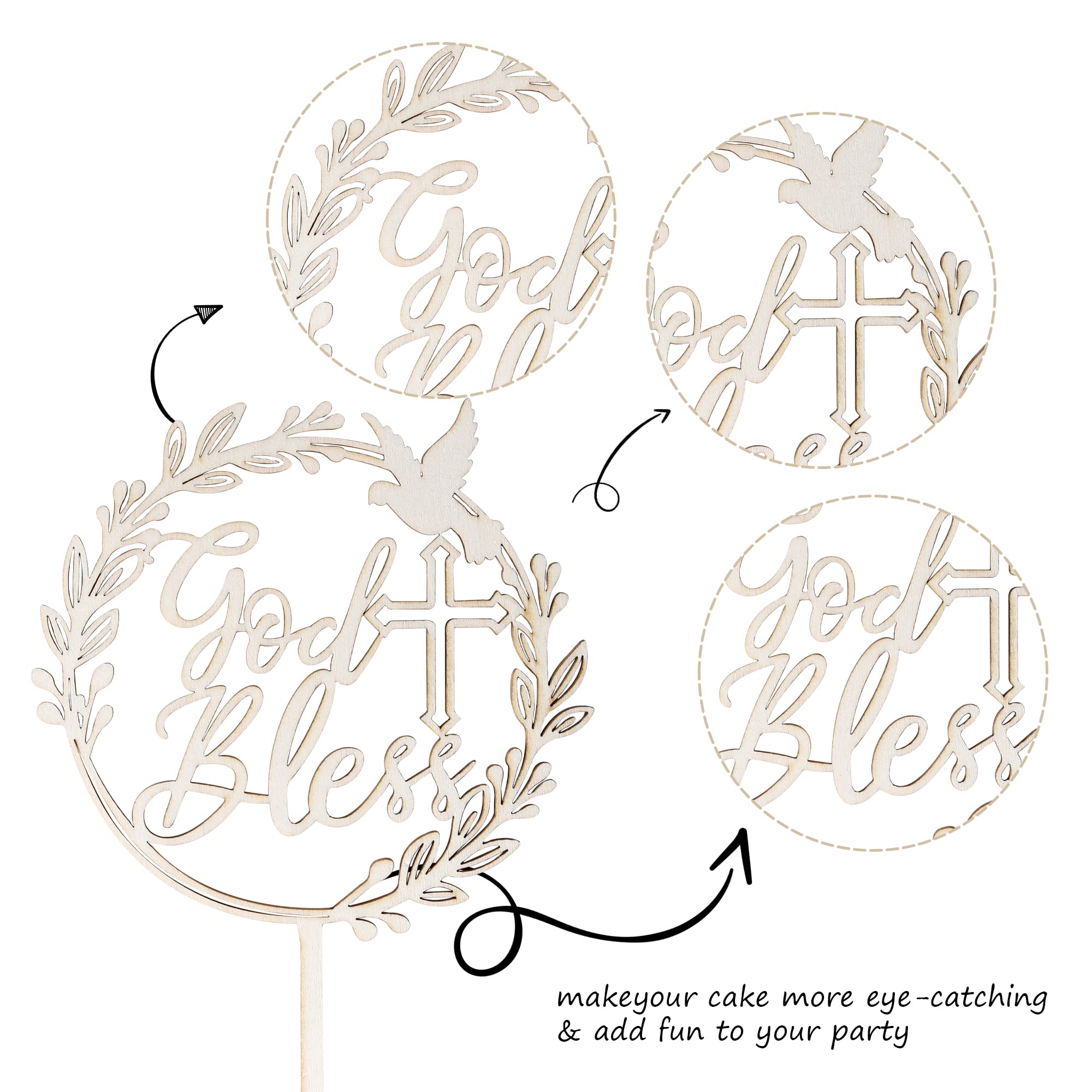 1 PCS God Bless and Cross Cake Topper with Dove Wooden God Bless Cake Pick First Communion Cake Decoration for Christening Religious Baptism Baby Shower Birthday Party Cake Decorations Supplies