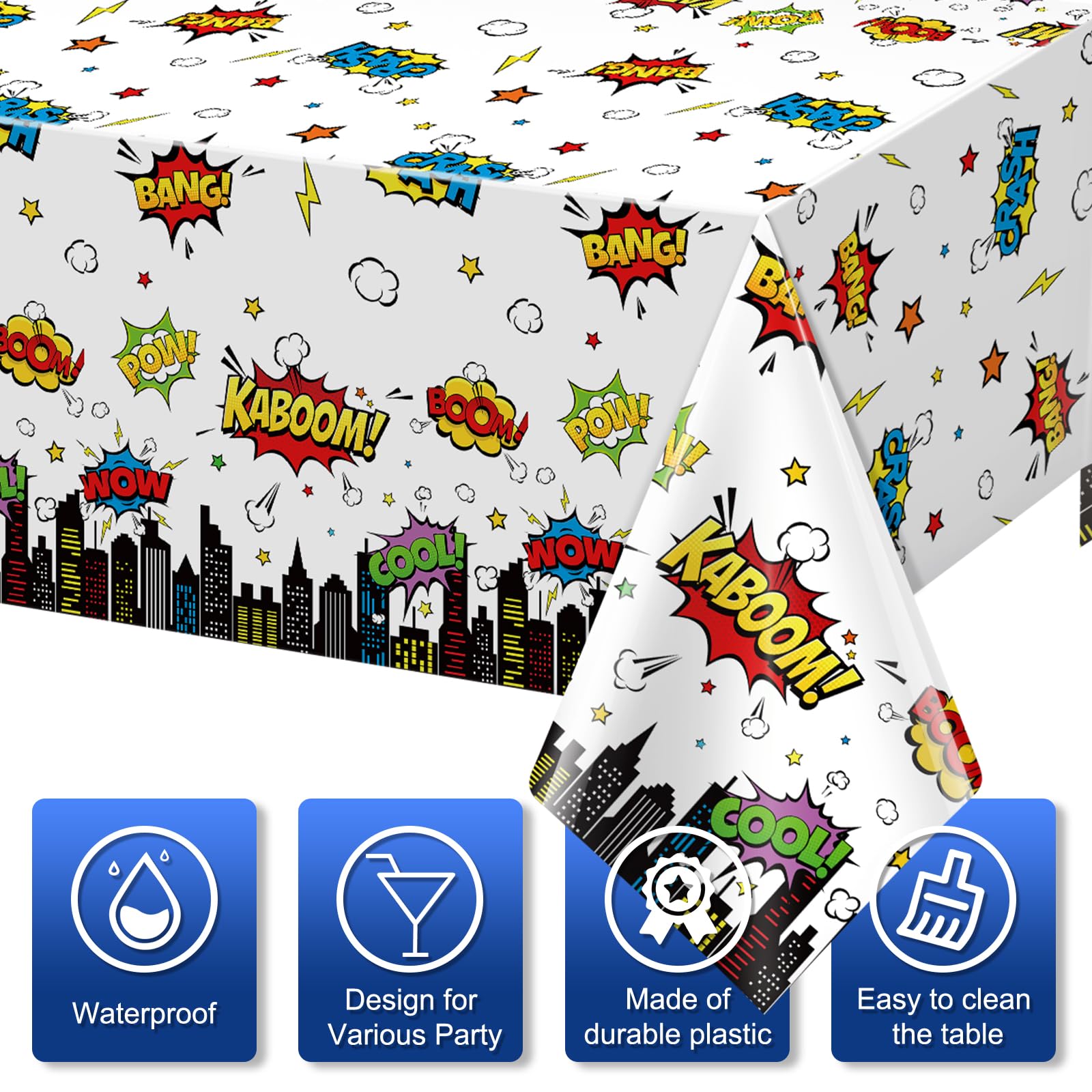 6Pcs Hero Themed Birthday Party Tablecloths Decorations,White Cityscape Super Bang Plastic Table Cover Disposable Rectangle Table Cloth for Baby Shower Kids Boys Birthday Party Supplies,54x108 Inch