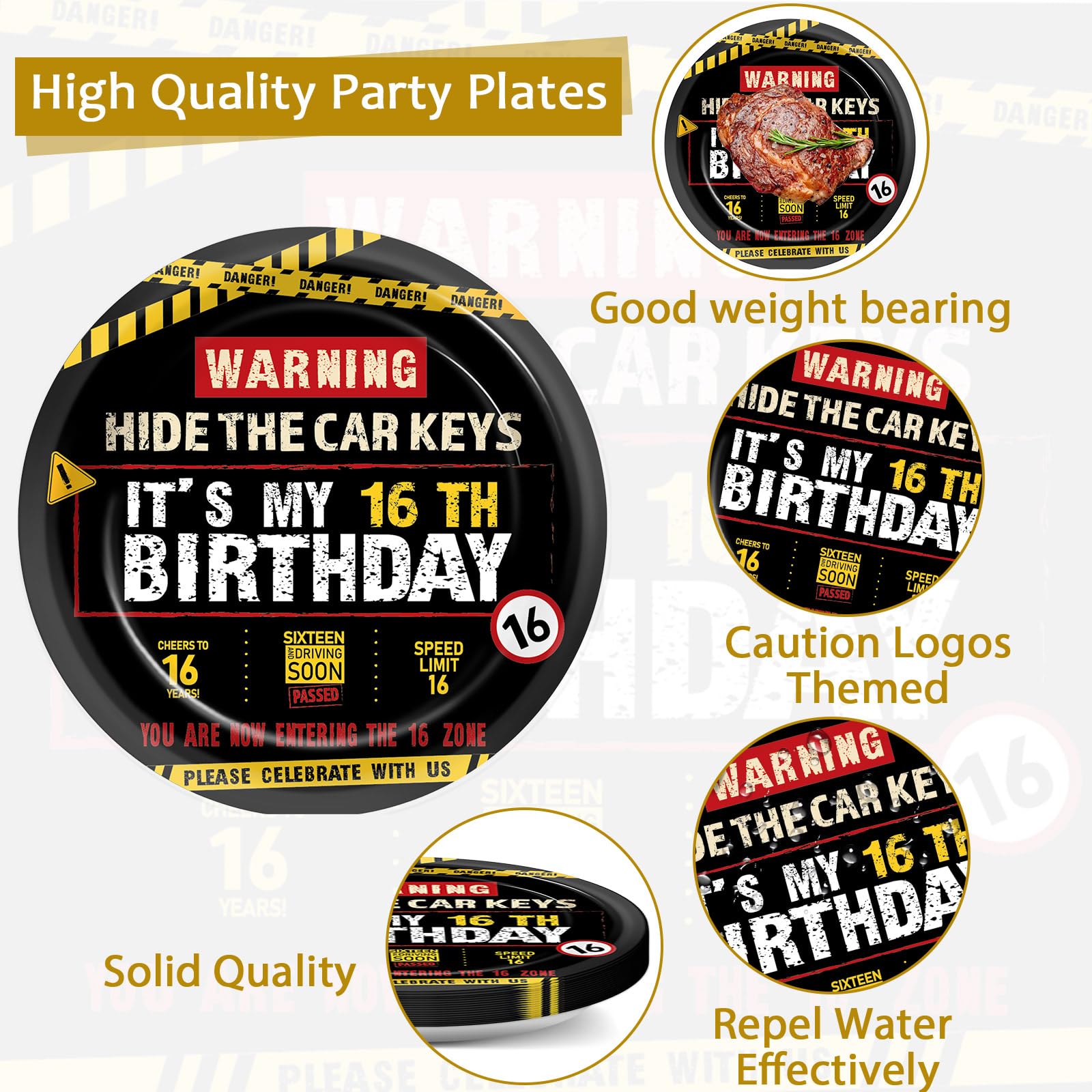96 PCS Caution Logos 16th Birthday Party Paper Plates and Napkins 16 Years Old Party Decor Warning Sign Themed Teens 16th Dinnerware for Boys Girls 16 Years Old Birthday Gatherings Decorations