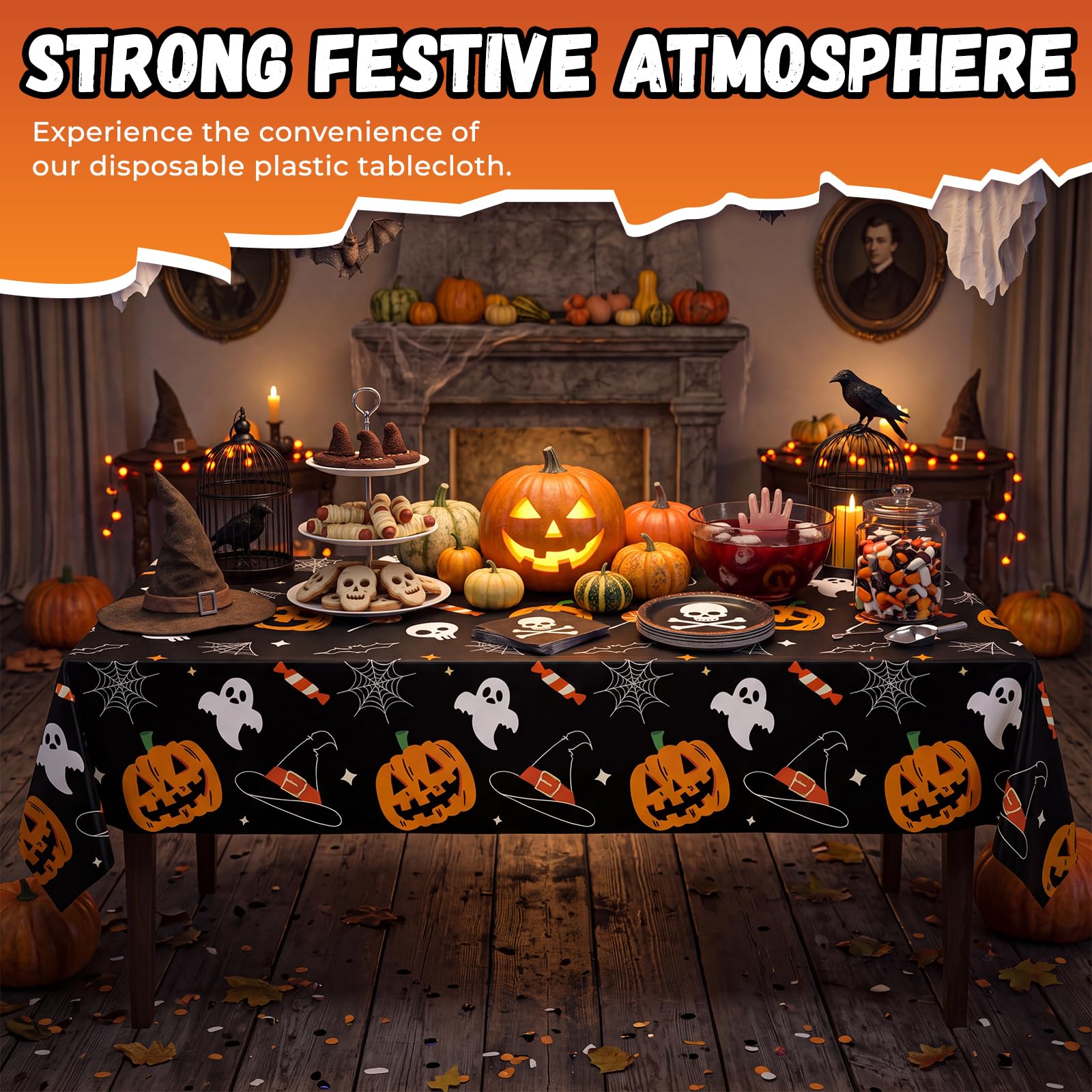 JHDZDHY 6 Pack Halloween Tablecloth, 54" x 108" Rectangular Plastic Halloween Pumpkin Ghost Table Cloth Large Size Halloween Table Covers for Home Decor Party Decorations