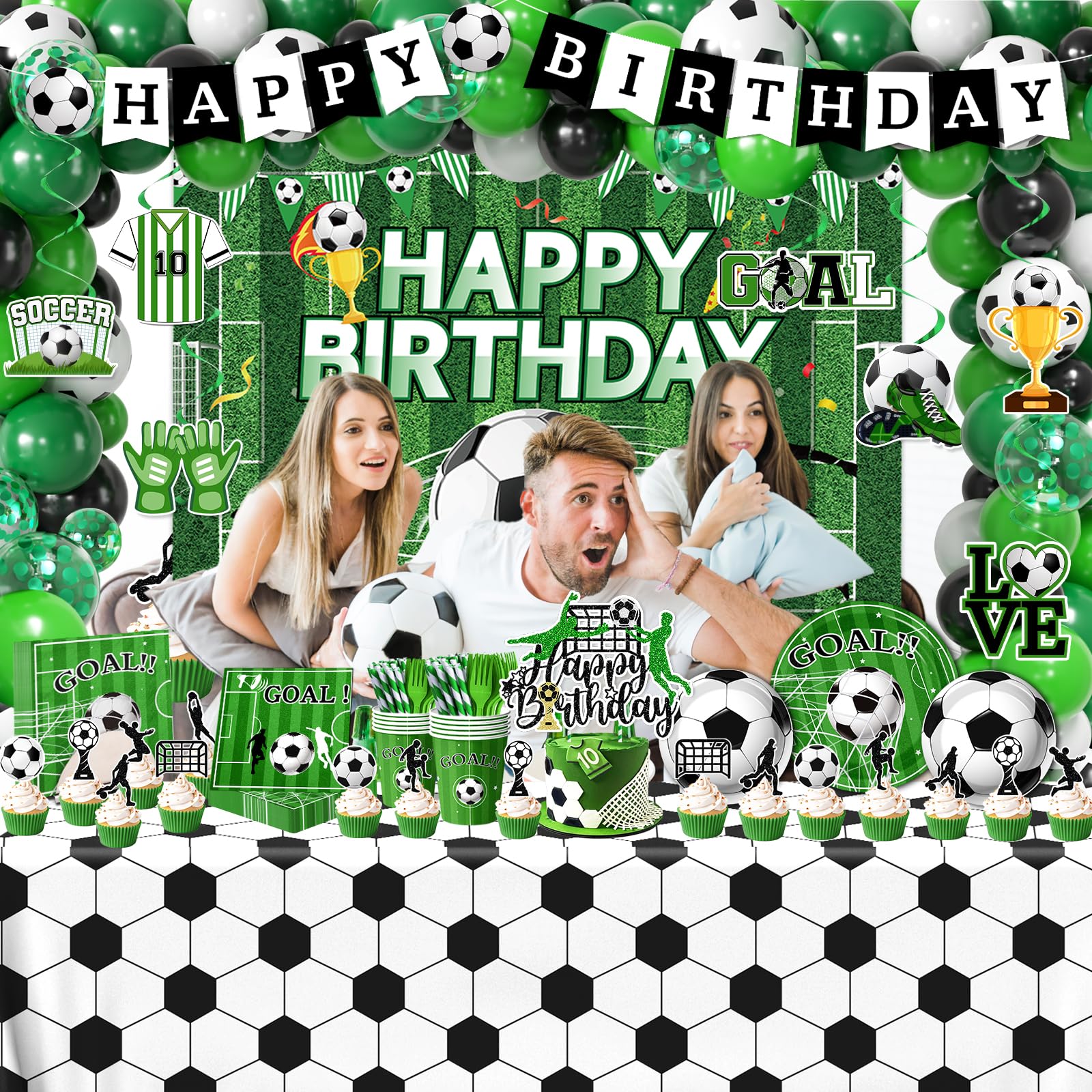 Soccer Birthday Party Decorations,276pcs Soccer Party Decorations Soccer Birthday Plates Napkins Cups Tablecloth Backdrop Cake Topper Balloon Arch for Soccer Party Supplies,Serve 24