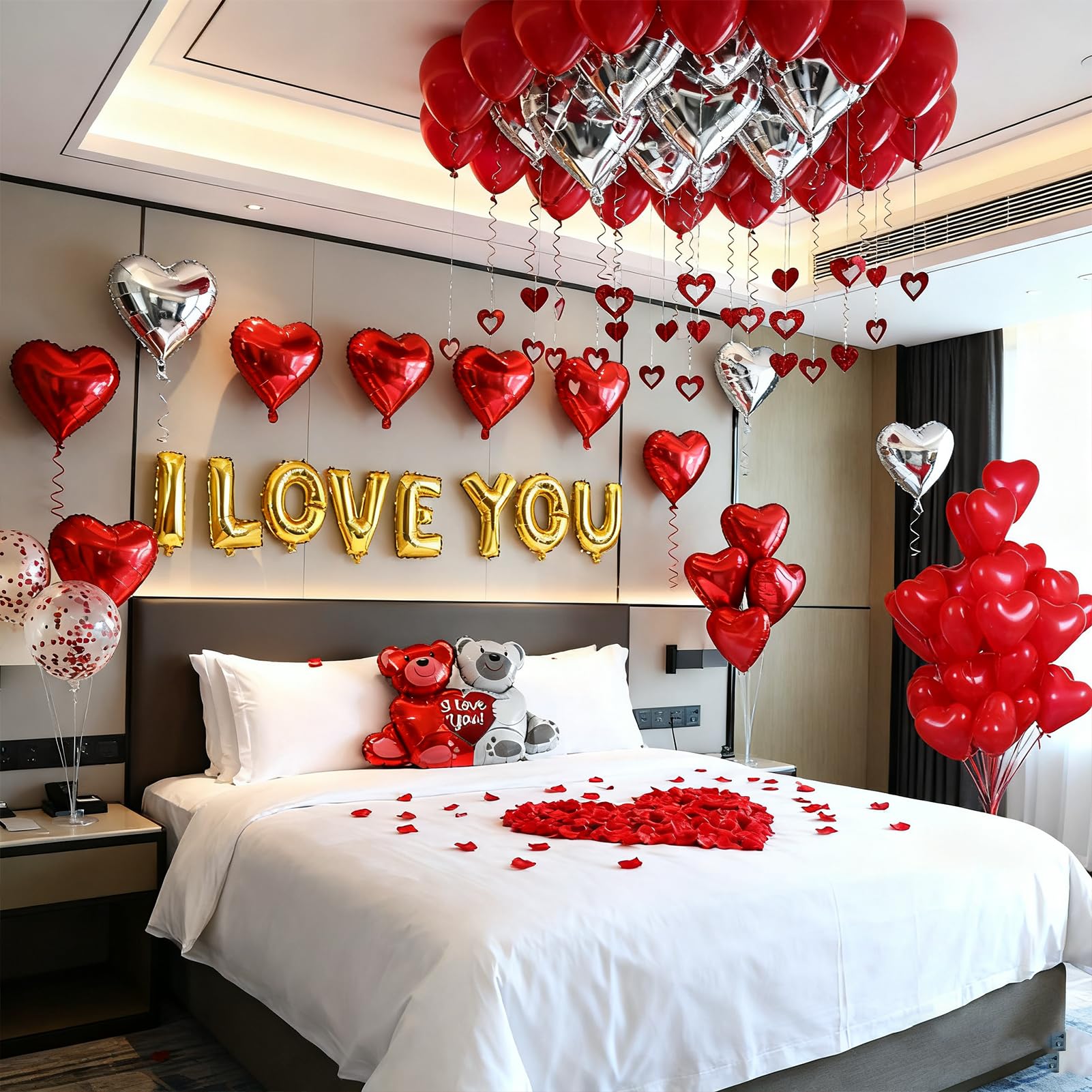54pcs I Love You Heart Balloons Valentines Decoration with 50 Hanging 1000 Silk Rose Petal Bear Heart Shaped Silver Red Balloons for Romantic Night Wedding Anniversary Decor Valentines Party