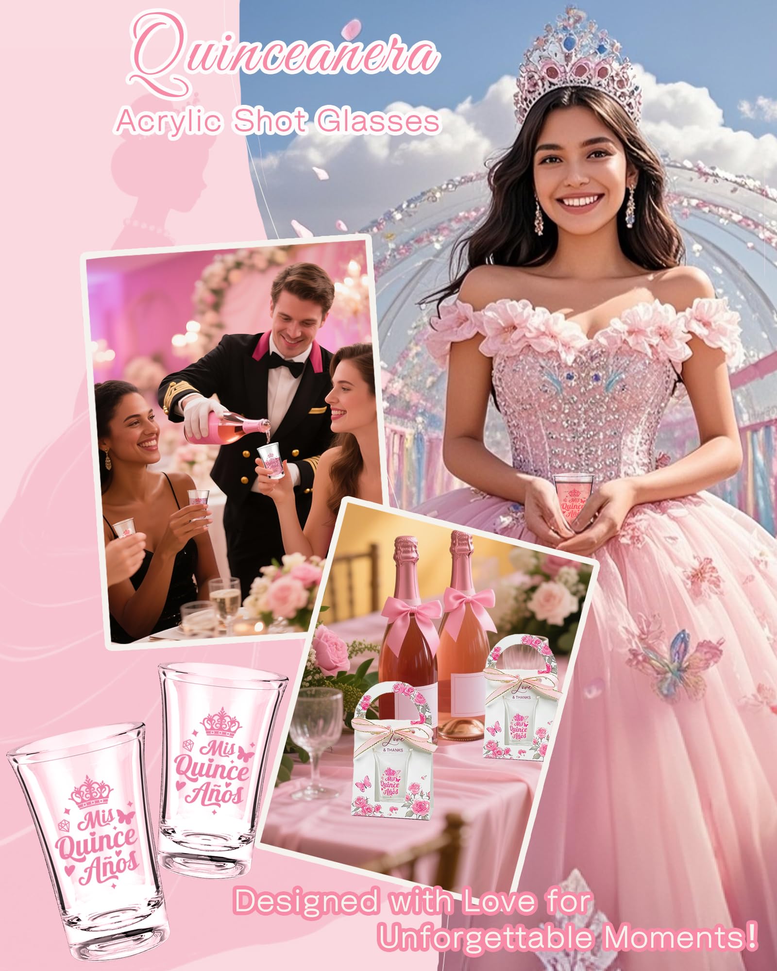 STELOVIKI Quinceanera Party Favors for Guests-50 Sets 1.18oz Quinceanera Acrylic Clear Shot Glasses Bulk With Gifts Boxes Mis Quince Anos Quinceanera Sweet 15 Birthday Party Favors-Pink