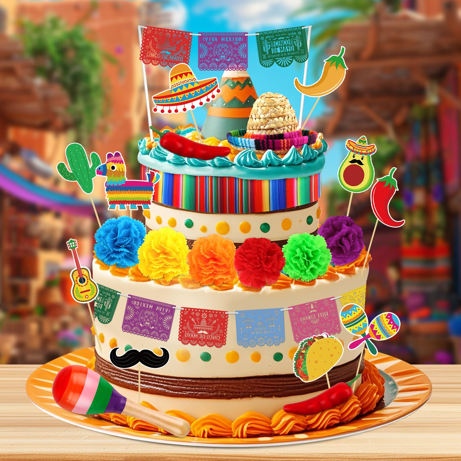 Hooqict 33Pcs for Fiesta Cake Decorations Set with Mini Papel Picado Banner, Serape Ribbon, Taco, Flower Mexican Cake Toppers & Cupcake Toppers for Cinco de Mayo Mexican Theme Party Decorations