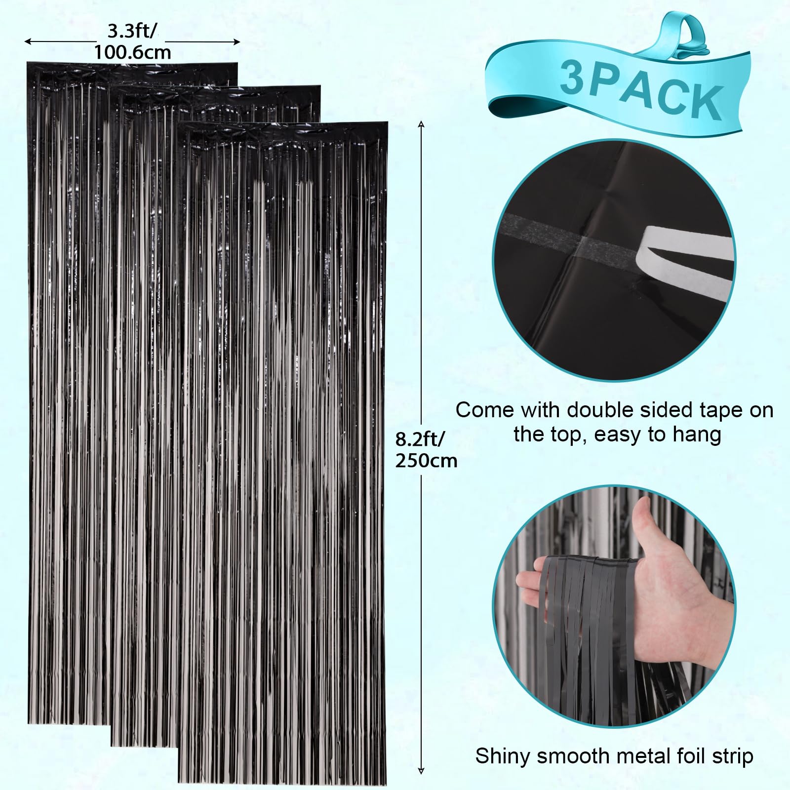 Voircoloria Black Foil Fringe Backdrop Curtains, 3.3x8.2ft, 3 Pack