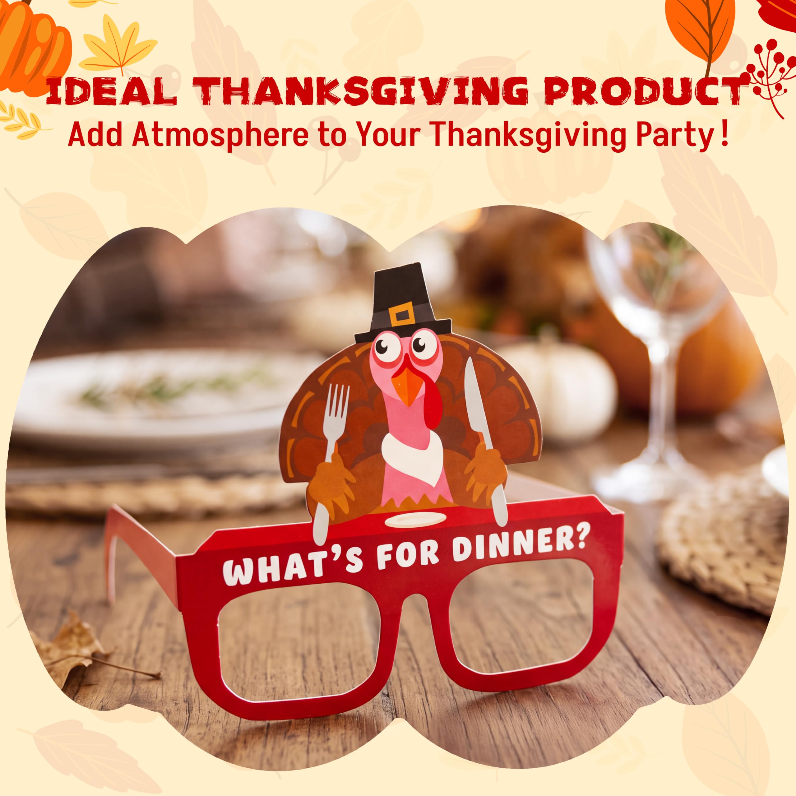 JOYIN 48 Pcs Thanksgiving Turkey Glasses, Turkey Eyewear Frame Pumpkin Maple Leaves Photo Props,Thanksgiving Eyeglasses for kids, Party Favors, Accessories(One Size Fits All)
