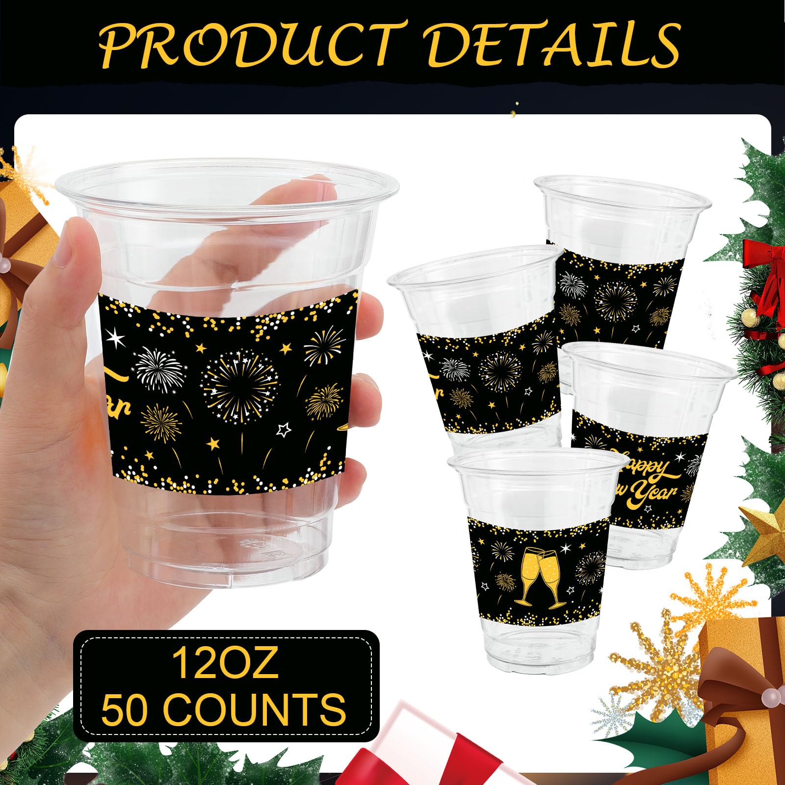 ABURRORI 50 Pcs 12OZ Happy New Year Plastic Cups,New Year's Eve Party Decorations Cups Clear Golden Black Printing Plastic Cup Juice Soda Beverage Party Favors For Holiday Decorations Supplies