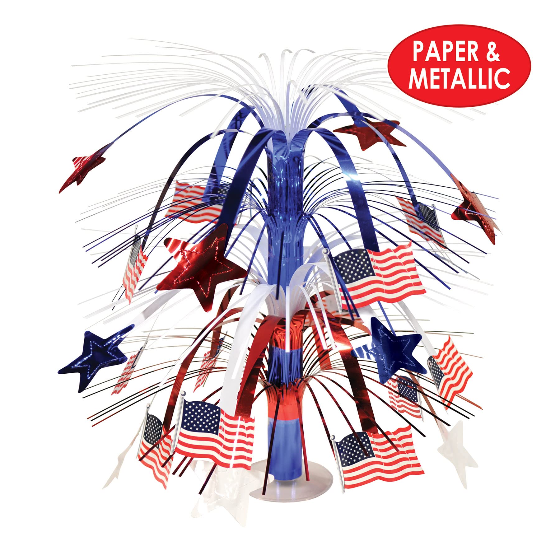 Beistle Patriotic Flag Cascade Centerpiece, Red White and Blue Metallic Decoration with American Flags for 4th of July, Memorial and Veterans Day, and Patriotic Party Tables, 18”
