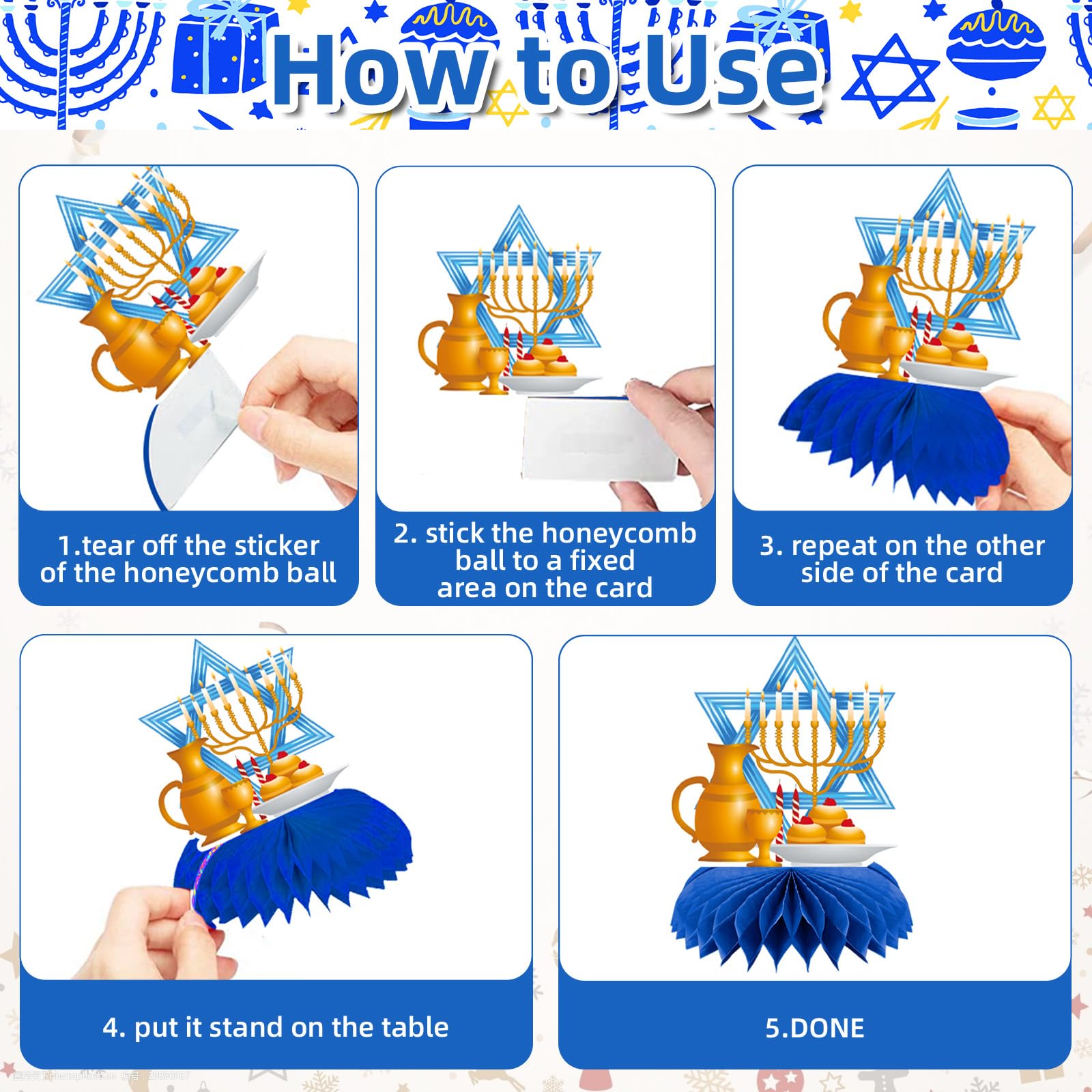 9 Pcs Hanukkah Honeycomb Centerpieces - Menorah, Dreidel, Star of David, Gelt and Festival of Lights Table Decorations for Jewish Holiday Parties, Family Dinners, and Classroom Celebrations