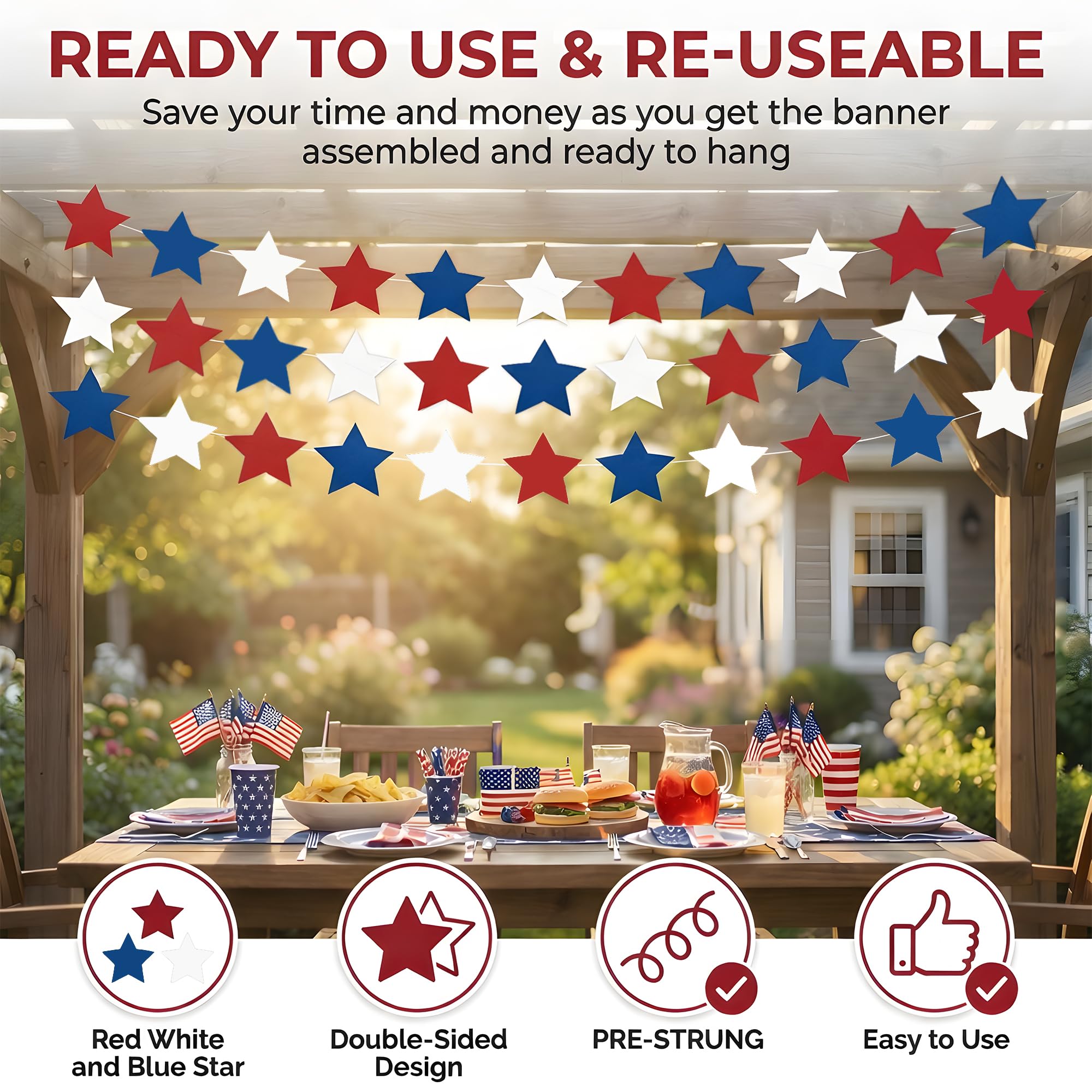 4th of July Decorations - Patriotic Star Garland | Red White Blue Streamers Banner - Memorial Day Fourth of July Accessories Decorations Party Favors Supplies for Outdoor Indoor Home,4 Pack