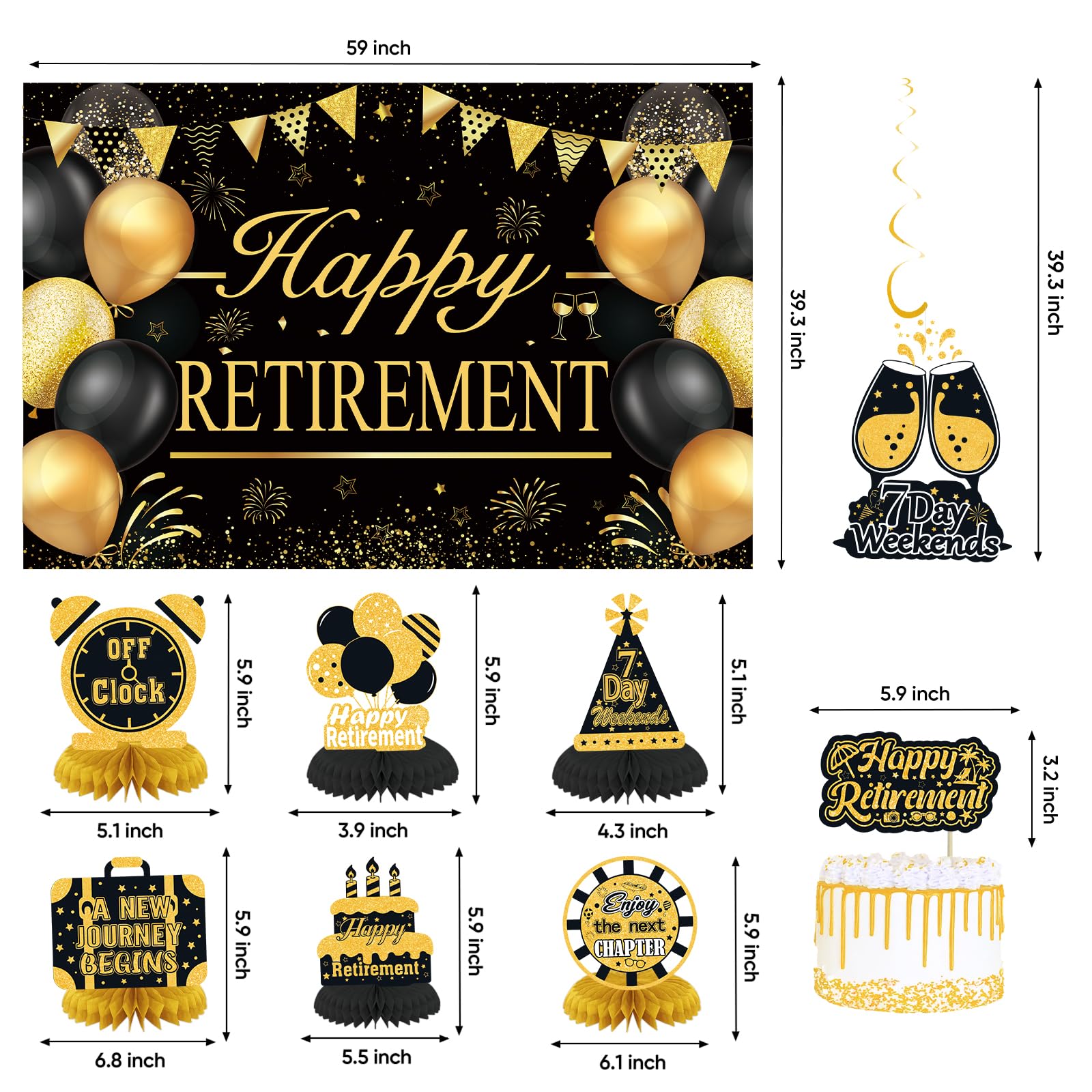 Retirement Party Decorations for Men Women Black Gold Happy Retirement Banner Backdrop Balloons Paper Pompoms Honeycomb Centerpiece Cake Topper Hanging Swirl Set