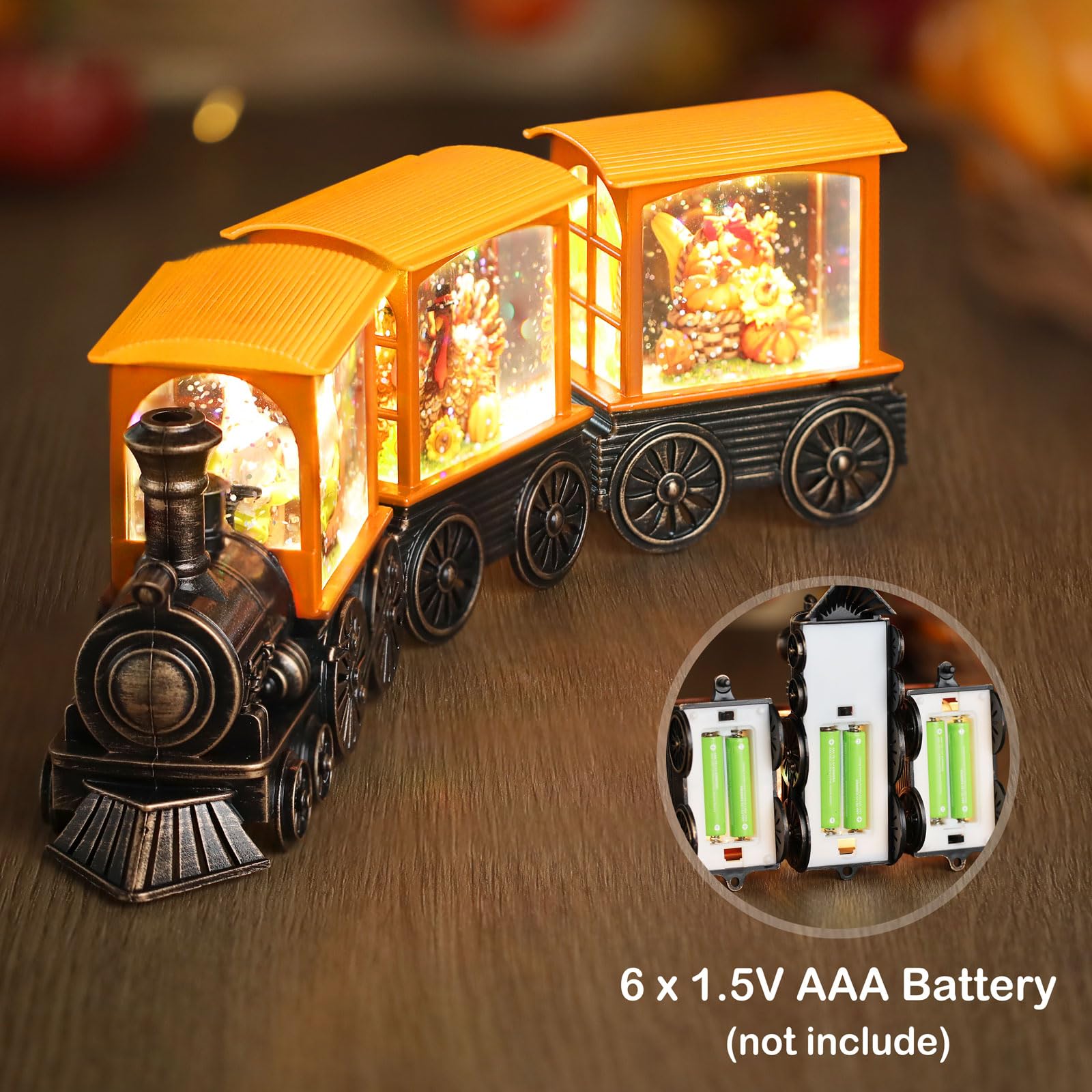 Gorrzai Fall Snow Globe Lantern Fall Decorations for Home, Lighted Fall Decor with Pumpkin Turkey Gnome Train, 6H Timer Thanksgiving Swirling Glitter Snow Globe for Harvest Day, Battery Operated