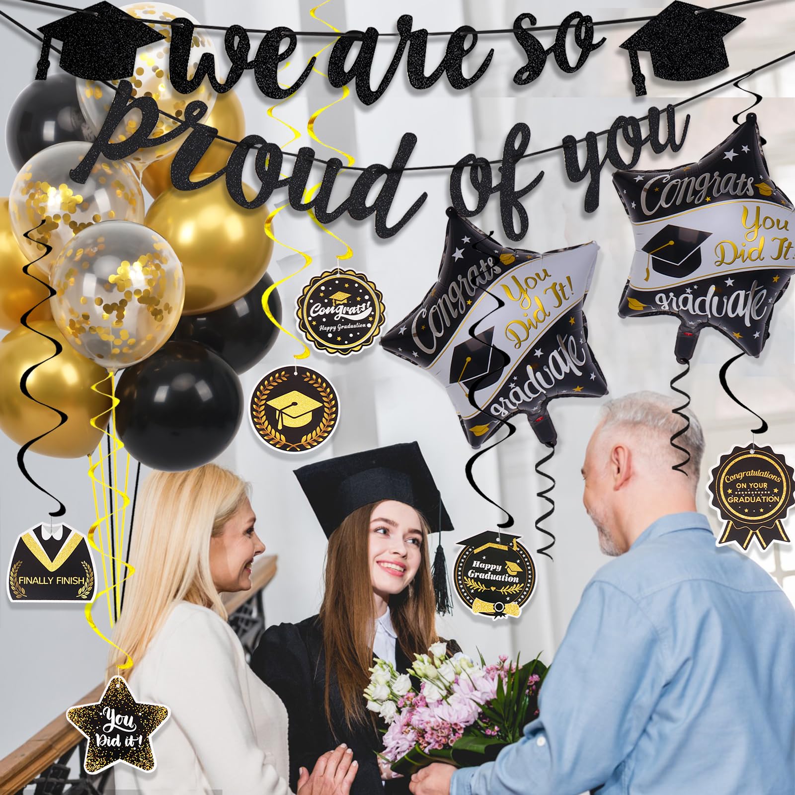 Graduation Decorations 2026, Class of 2026 Decorations with We Are So Proud of You Banner and Graduation Balloons, Congrats Hanging Swirls