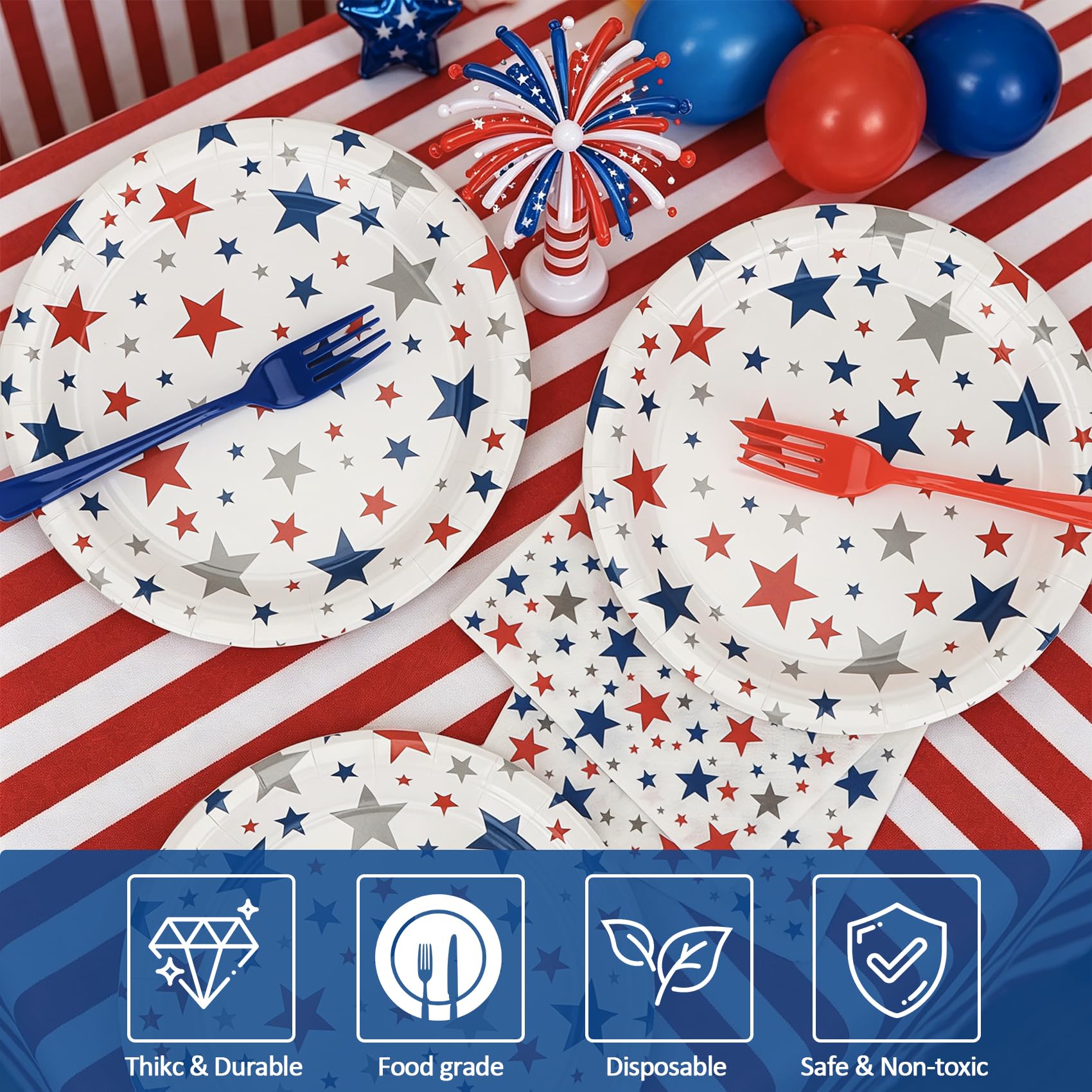 150Pcs 4th of July Party Supplies for 50 Guests, Disposable Patriotic Paper Plates, Napkins & Forks Set, Red White Blue Star Tableware for Independence Day, Memorial Day, 4th of July Party Decorations