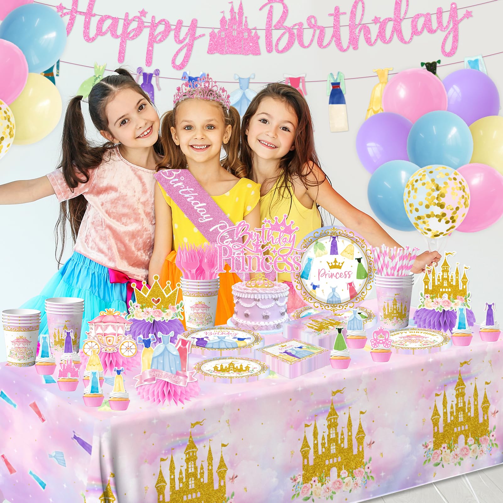 Princess Birthday Party Decorations,191pcs Princess Party Decorations Tableware Pink princess Plates and Napkins Cups Tablecloth Banner Hanging Swirls Cake Topper for Girl Birthday Supplies,Serve 24