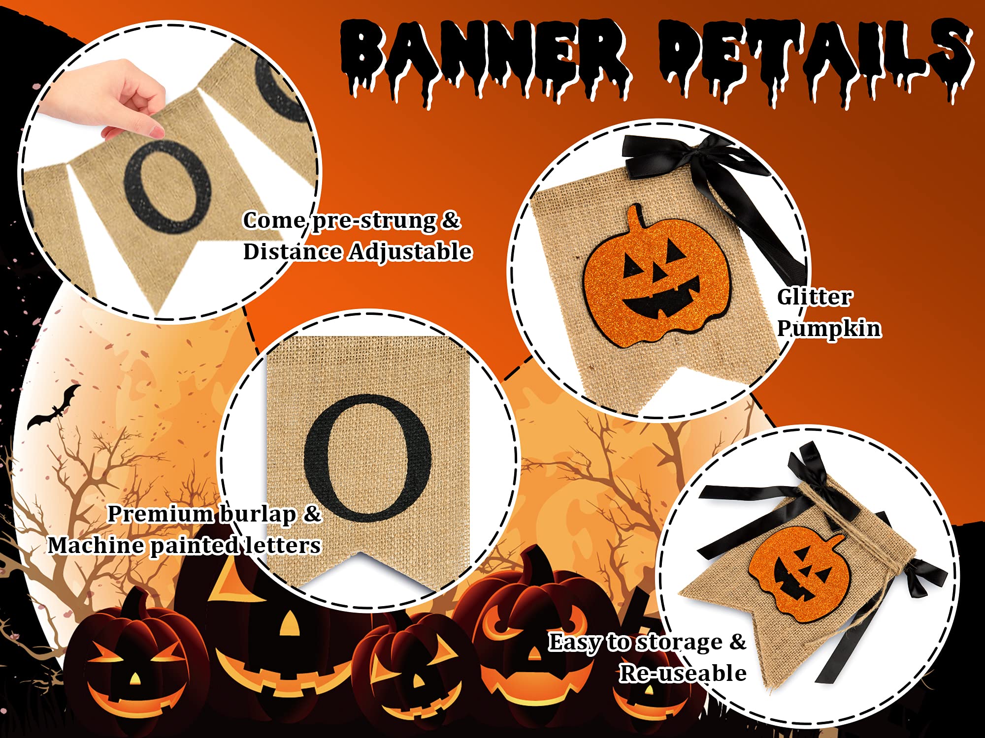 Whaline Halloween Burlap Banner Glitter Pumpkin Boo Bunting Flag with Bow Rustic Hanging Banner Garland for Halloween Farmhouse Mantel Fireplace Home Party Decoration Supplies