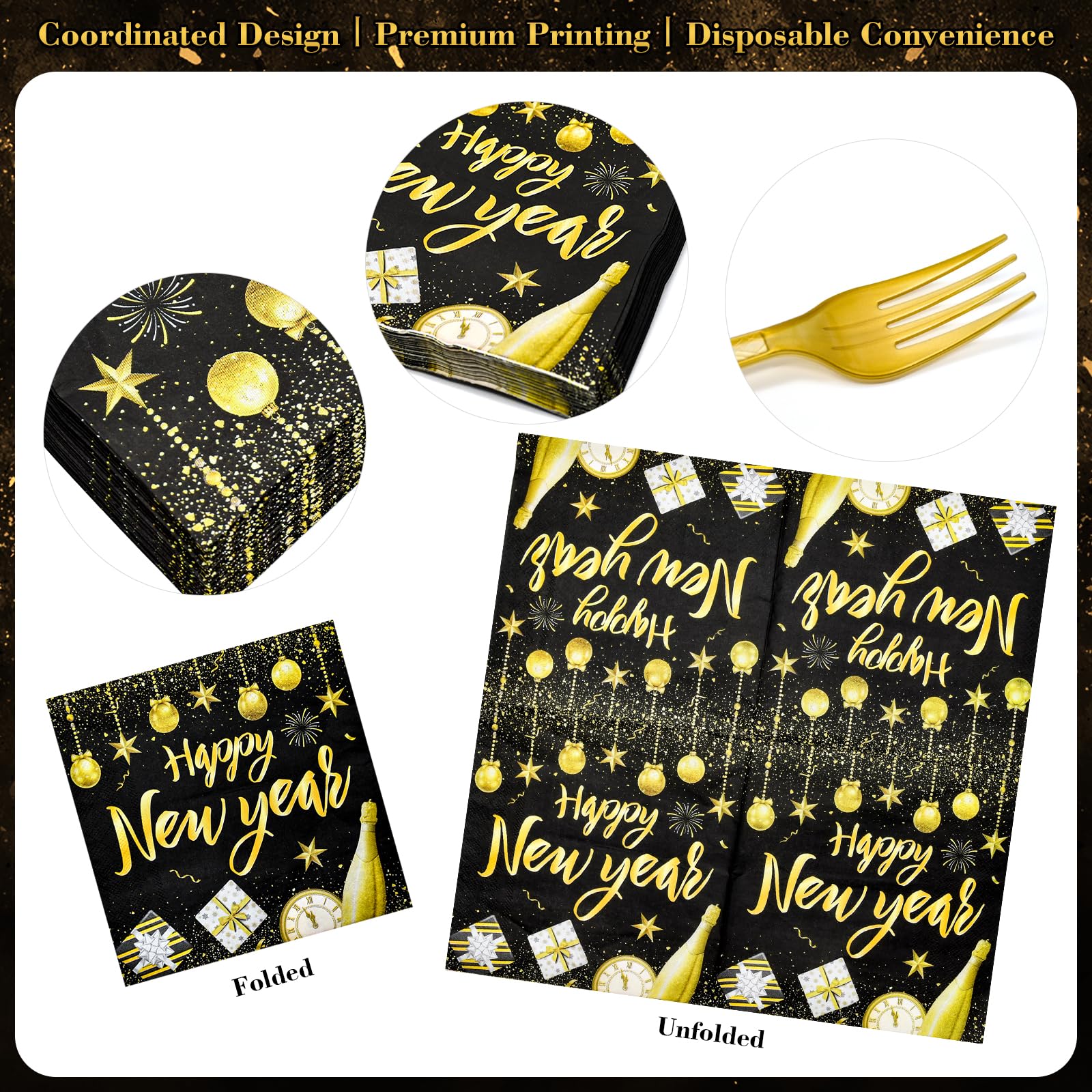 96 Pieces Happy New Year Tableware Set – Black and Gold 2027 Disposable Plates, Napkins, and Forks with Fireworks and Champagne Designs for New Year’s Eve Dinners and Celebrations – Serves 24