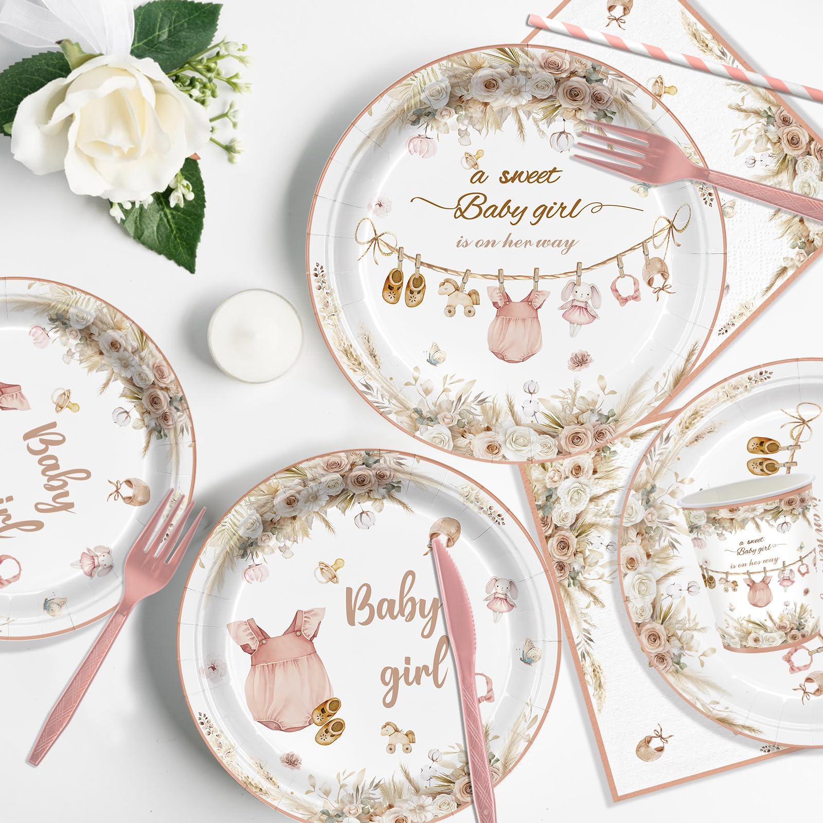 168Pcs Pink Baby Girl Shower Party Supplies Serves 24 Guests, Boho Floral Baby Shower Tableware Set, A Sweet Girl is on Her Way Gender Reveal Decorations Paper Plates Napkins Cups Cutlery