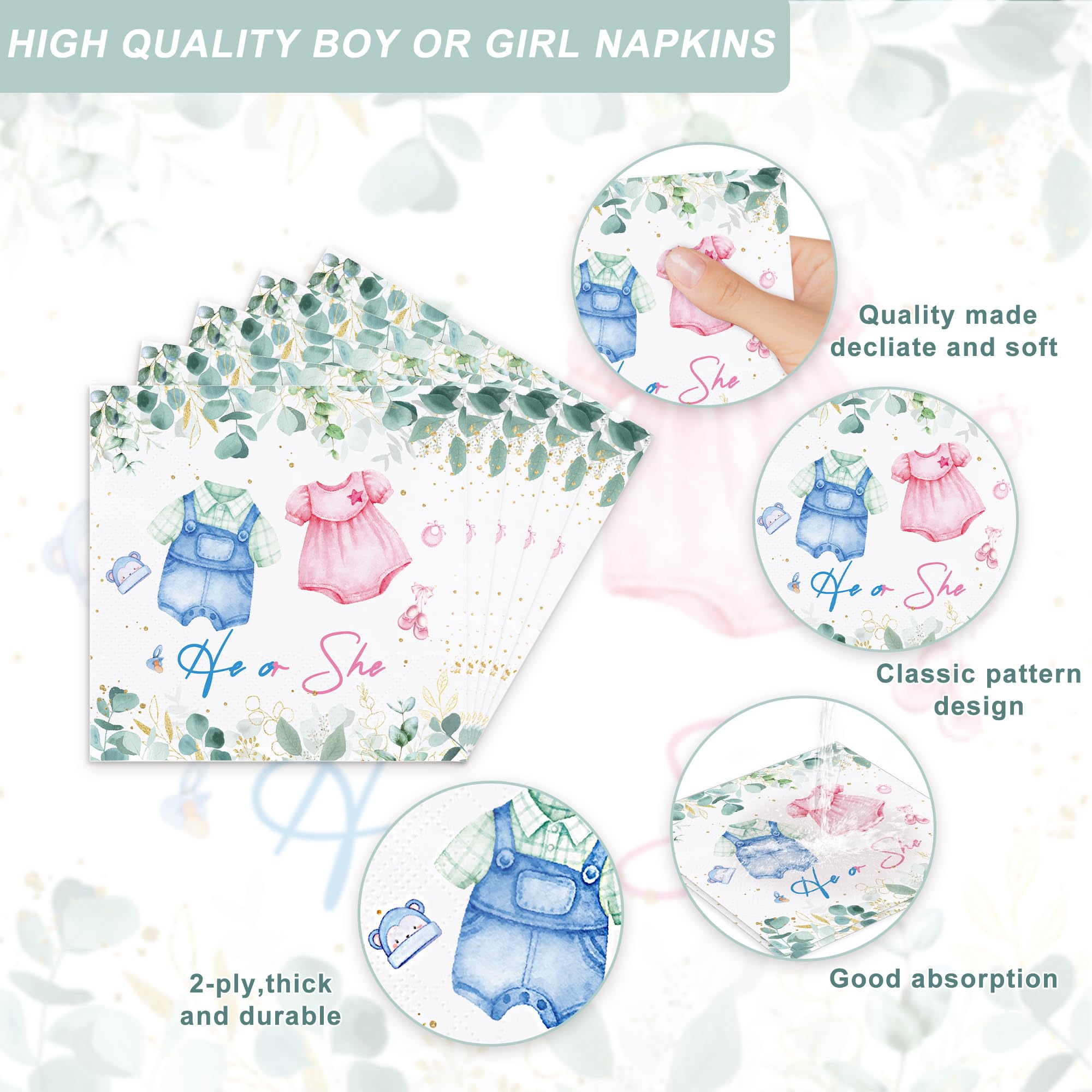 Girl or Boy Gender Reveal Party Supplies Pink or Blue She or He Gender Reveal Party Decorations Eucalyptus Baby Shower Tableware Set Plates Napkins Cups Forks Knives for 20 Guests