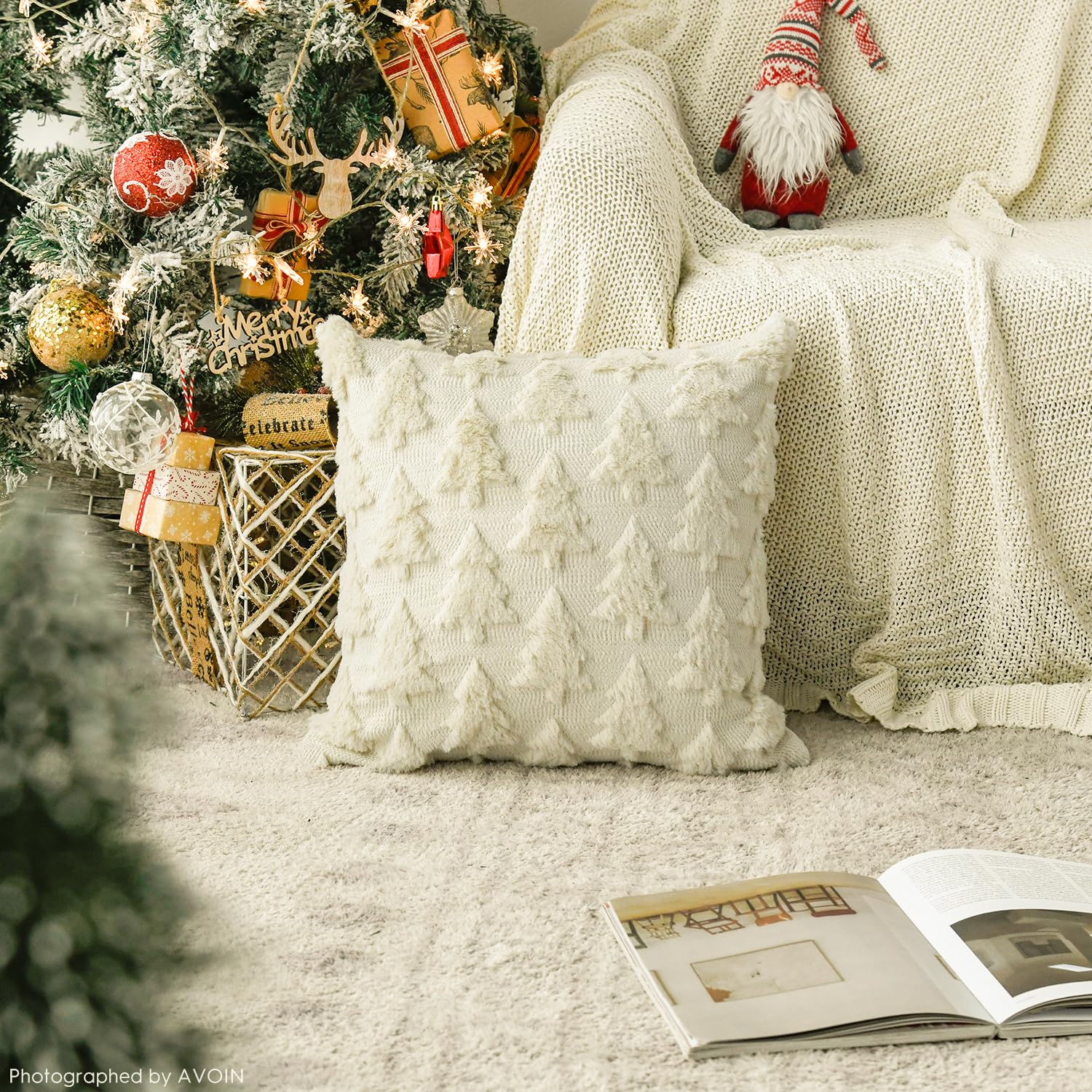 AVOIN colorlife Christmas Tree Beige Throw Pillow Covers Set of 2, 18 x 18 Inch Soft Plush Faux Fur Jacquard Festivals Winter Cushion Case Decoration for Sofa Couch