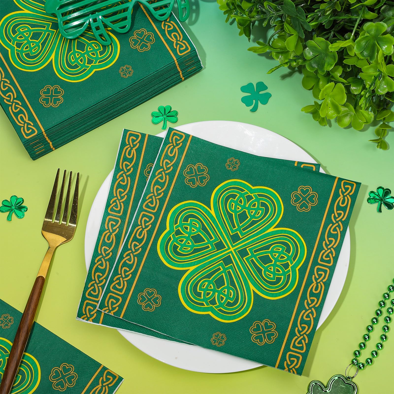 Whaline 50 Pcs St. Patrick's Day Paper Napkins Green Shamrock Disposable Napkins Lucky Clover Luncheon Dinner Napkin for Irish Holiday Birthday Party Table Supplies