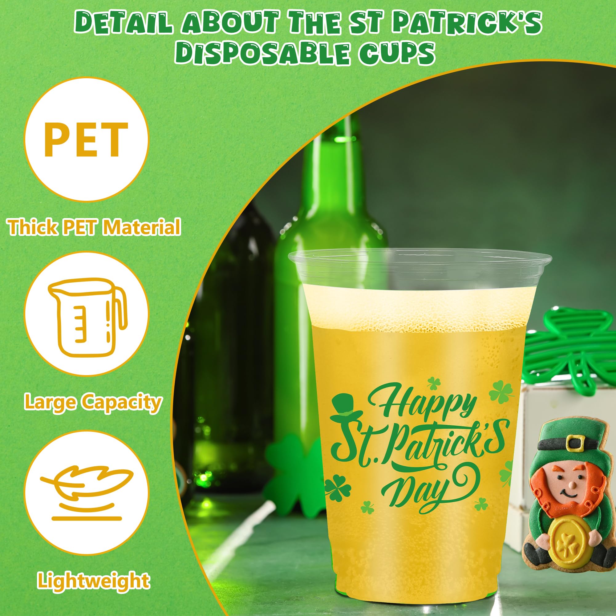 QZYL 50 PCS St Patricks Day Cups, 14 OZ St Patricks Day Party Decorations, Lucky Clover Design Shamrock Disposable Cups Green Plastic Cups St Patricks Cups, Irish Decor St Patricks Day Party Supplies