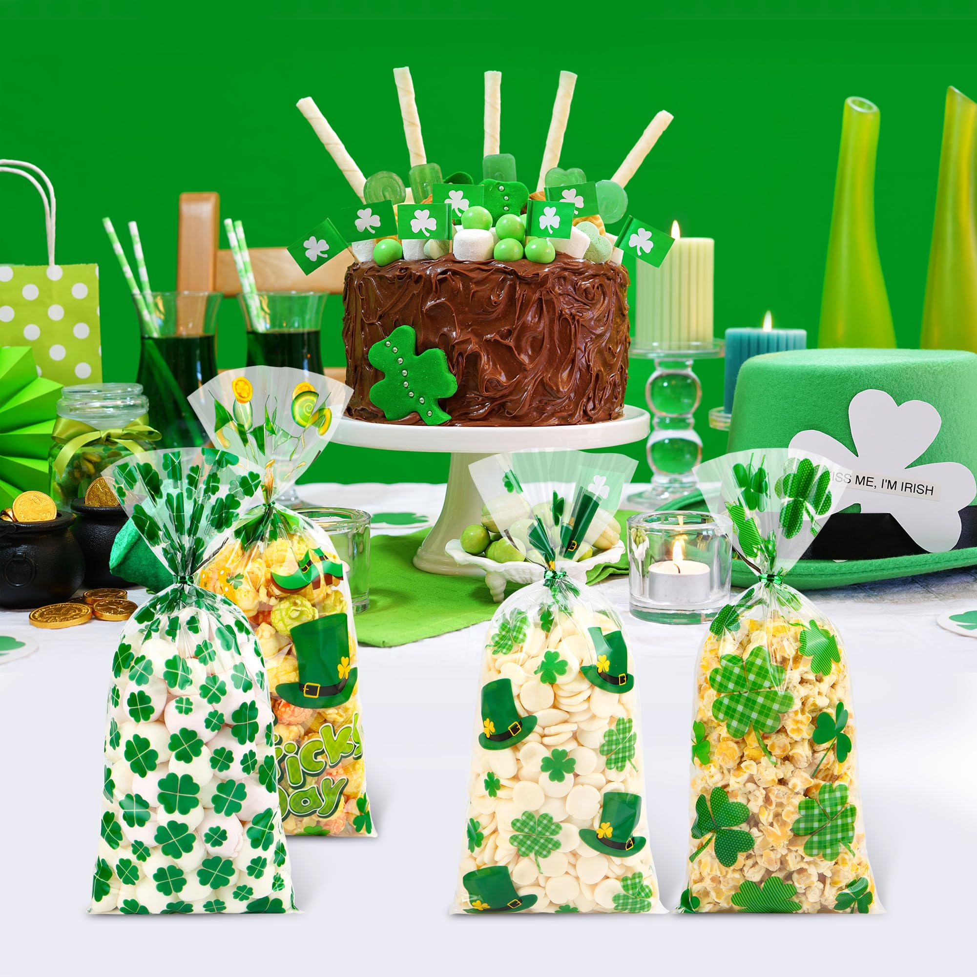 St. Patricks Cellophane Treat Bags – 50 Pack Green Shamrock Goodie Gift Bags with Twist Ties, 5×11 Inch Clear St. Patricks Candy Cookie Bags for St. Patrick Day Irish Party, Classroom, Holiday Favors