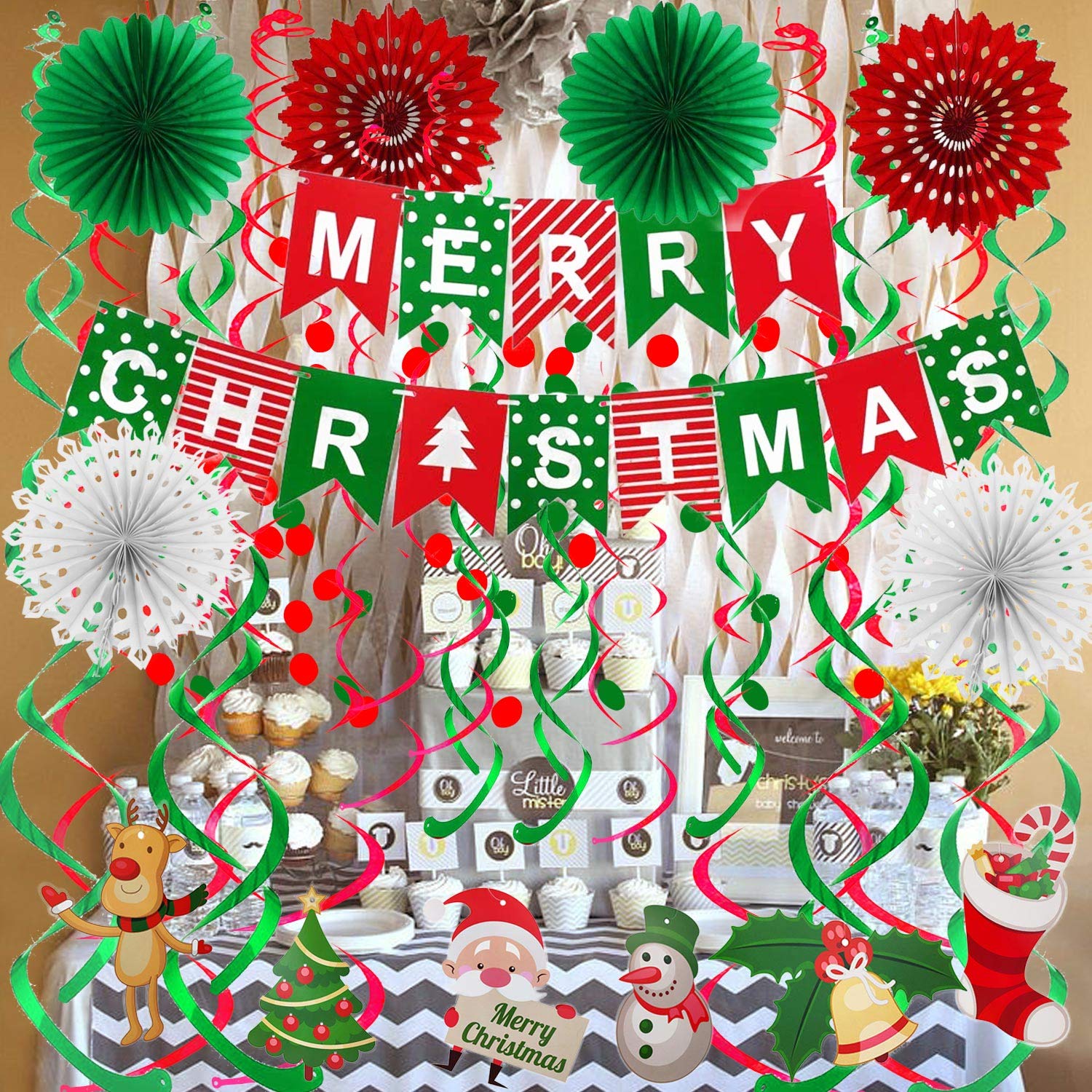 FECEDY Merry Christmas Banner Paper Fan Flower Circle Confetti Dots Hanging Garlandand Swirl Streamers Christmas Tree Christmas Snowman God Tang for Christmas Party Decoration