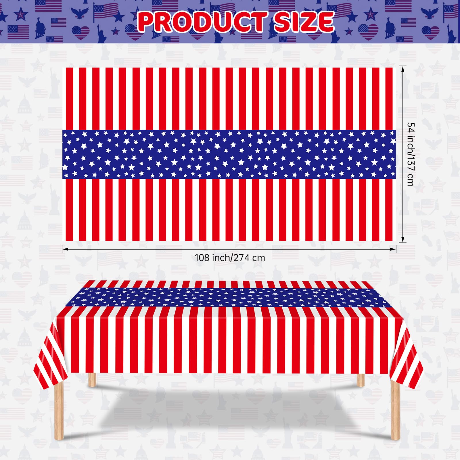 Litmitfu 3 Pcs Patriotic Tablecloth 4th of July Decorations - Disposable Plastic Patriotic Themed Table Cover for July 4th Decoration Memorial Independence Day Party Supplies Table Decor, 108x54 Inch