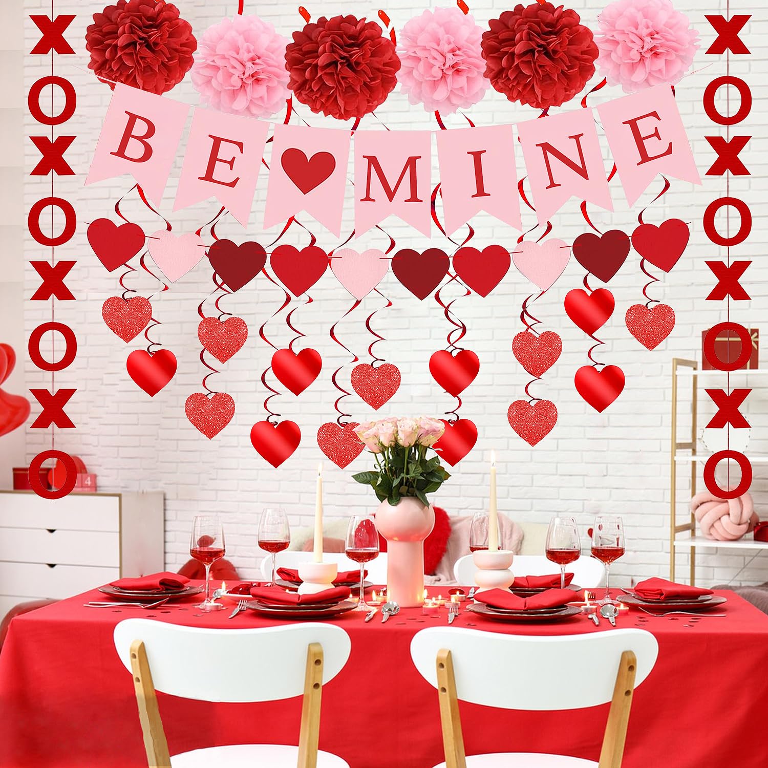 Upgraded Valentines Day Decorations Set Pre-Assembled Hanging Heart Swirls,BE Mine Banner,Heart XO Garlands Banner for Valentines Wedding Engagement Anniversary Party