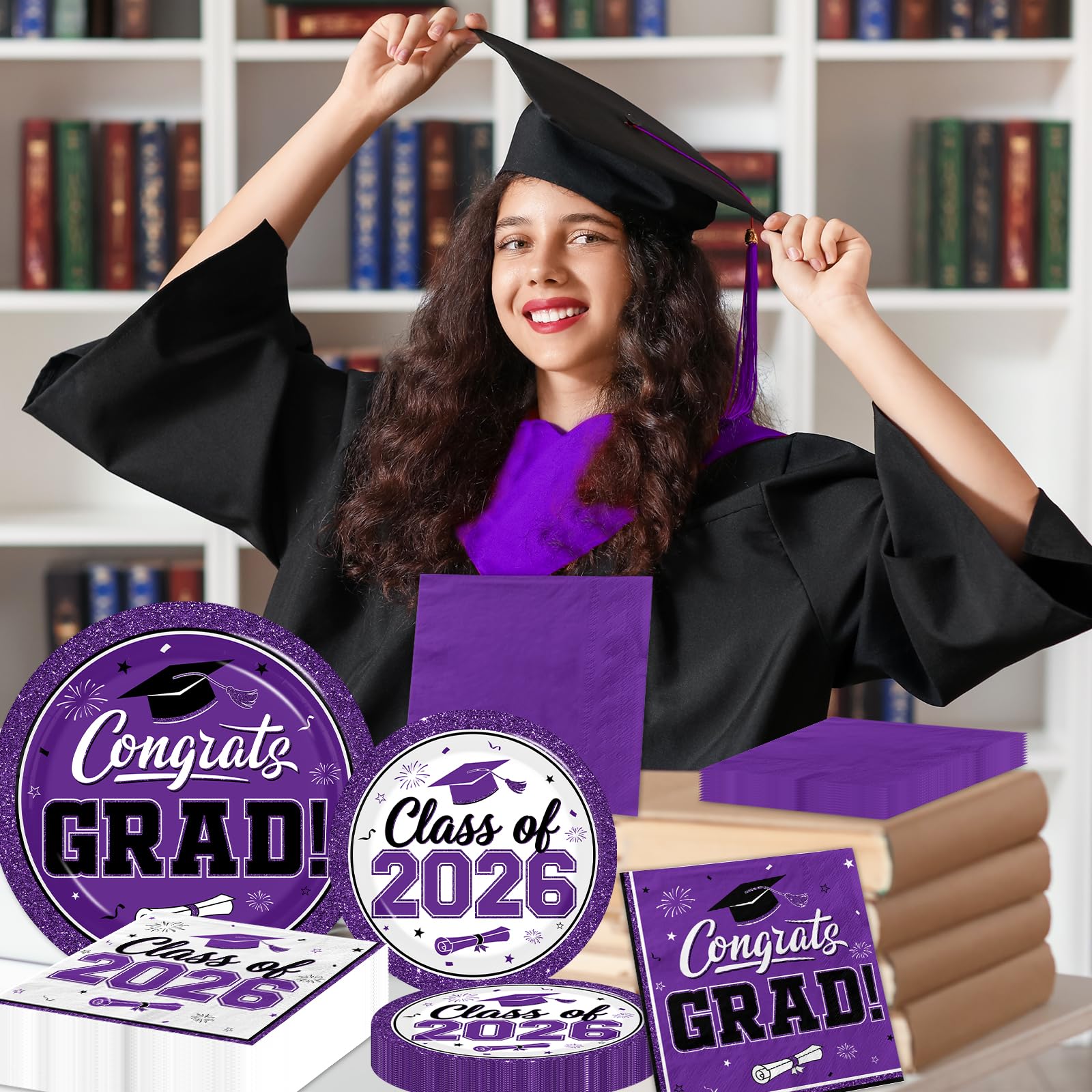 Meuqeaju Graduation Plates and Napkins 2026, 200pcs Purple Graduation Decorations Class of 2026 Grad Congrats Purple Grad Plates and Napkins Party Supplies for Graduation Party Favors,Serve 50