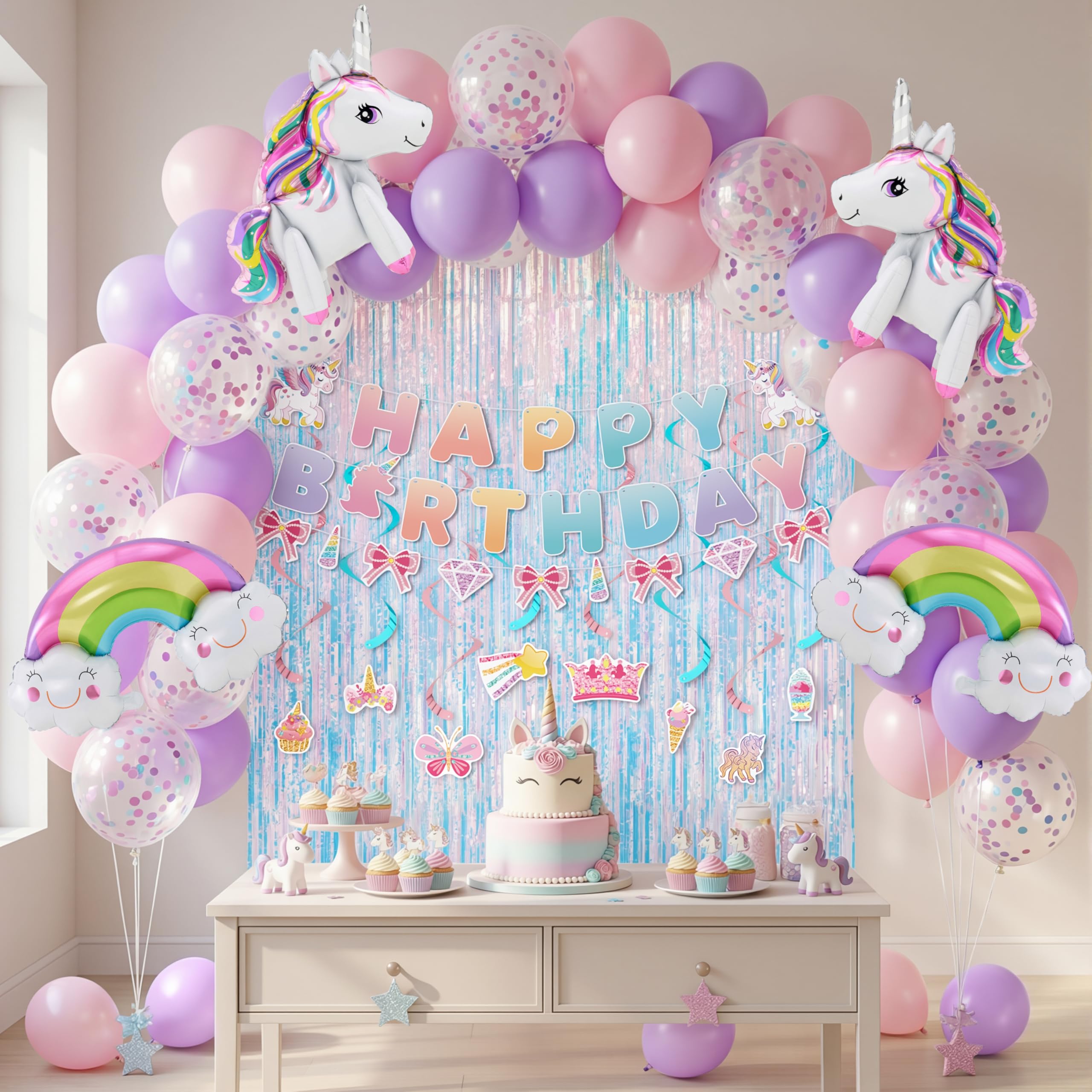 JOYIN Unicorn Magical Rainbow Birthday Party Decorations, 76PCS Unicorn Party Supplies with Banner, Foil & Latex Balloons, Spiral Swirls and Tinsel Curtains for Baby, Boys, Girls, Men & Women