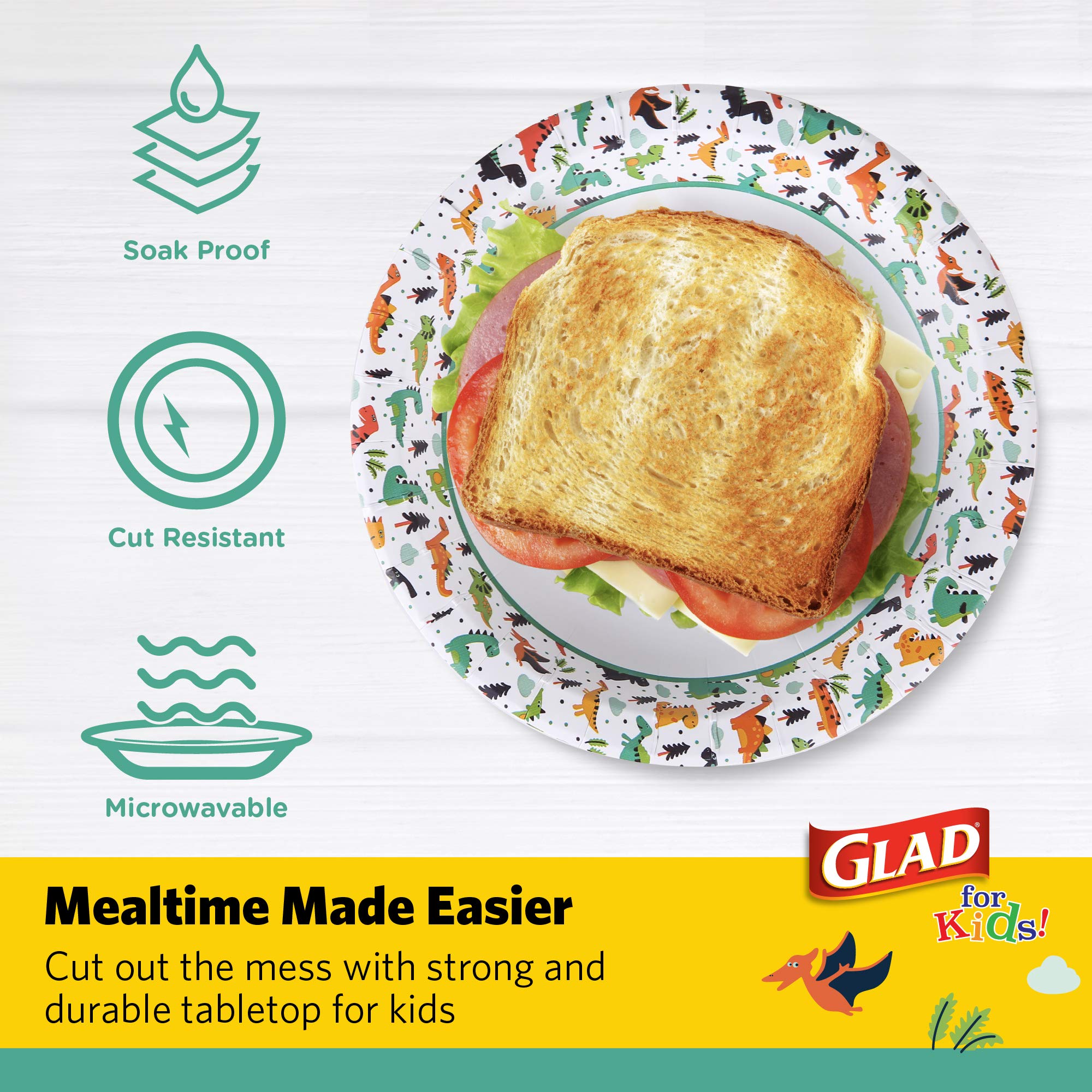 Glad for Kids Dinosaur Paper Plates, 8.5 Inch, Soak Proof, 20 Count