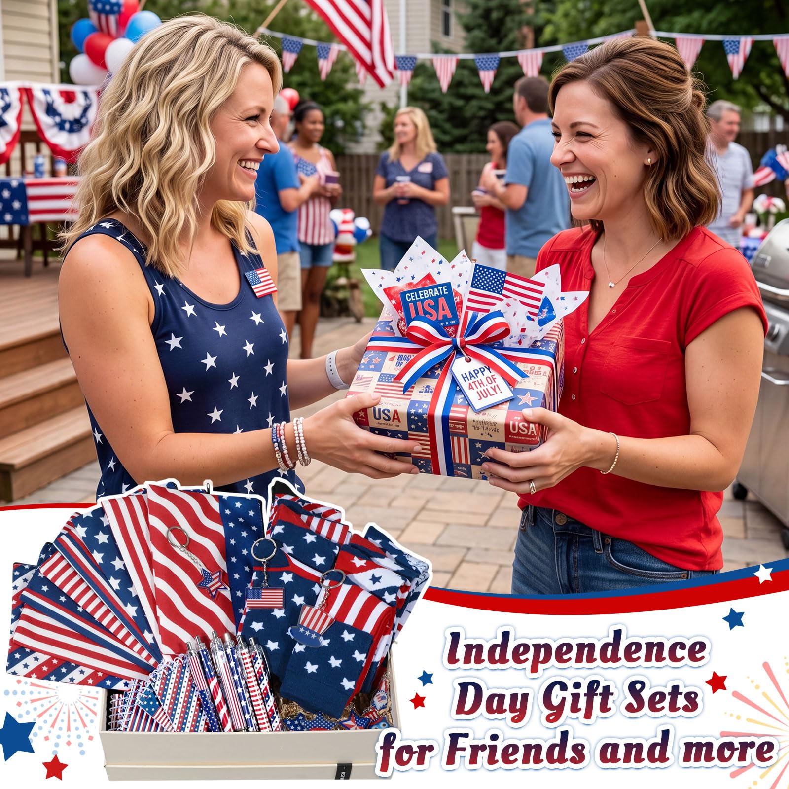 Dansydaisy 32 Pcs 4th of July Gifts Set American Flag Makeup Bags Bulk 250th Anniversary USA Patriotic Socks Red White and Blue to Do List Notepad Ballpoint Pens Star Keychain for Party Favors