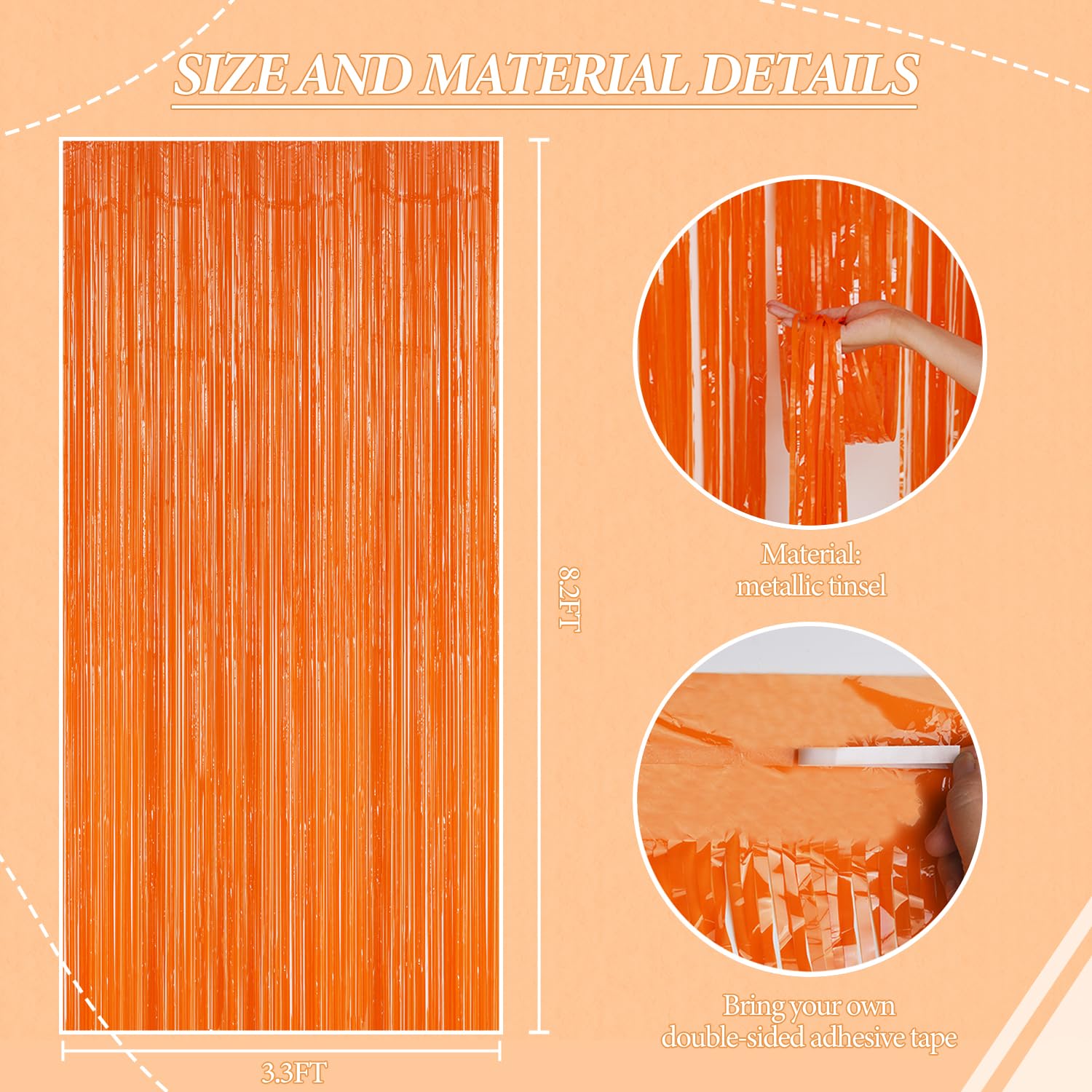 DECOCKRAT 3 Pack Foil Fringe Backdrop - Orange Shiny Tinsel Curtains for Party Decoration/Photo Booth Props - 3.3x8.2 FT Metallic Foil Backdrop for Birthday, Wedding, Graduation, Christmas.