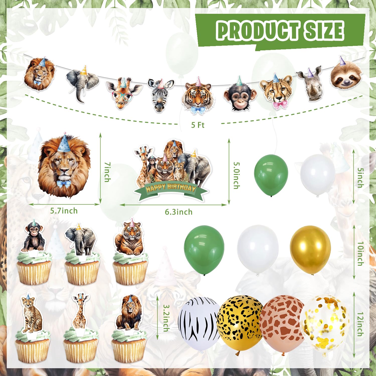 Mpanwen Safari Birthday Decorations, 140Pcs Zoo Jungle Animal Theme Party Decorations Supplies for Baby - Backdrop, Banner, Cake, Cupcake Toppers, Palm Leaves, Tablecloth, Hanging Swirls, Wall Signs