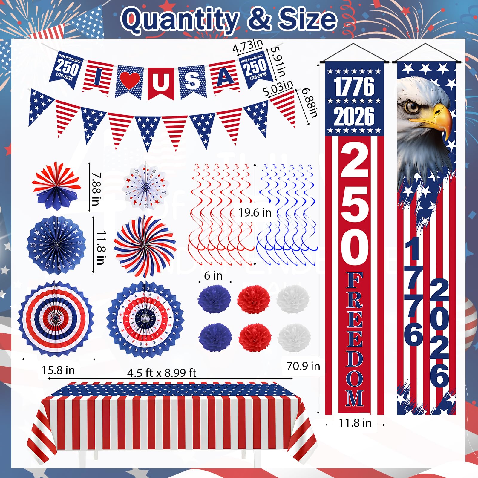 250th Anniversary Party 4th of july Decorations Set, 29 PCS Red White Blue Patriotic Decor with Paper Fans, Pom Poms, Tablecloth, Hanging Swirls and Door Banners