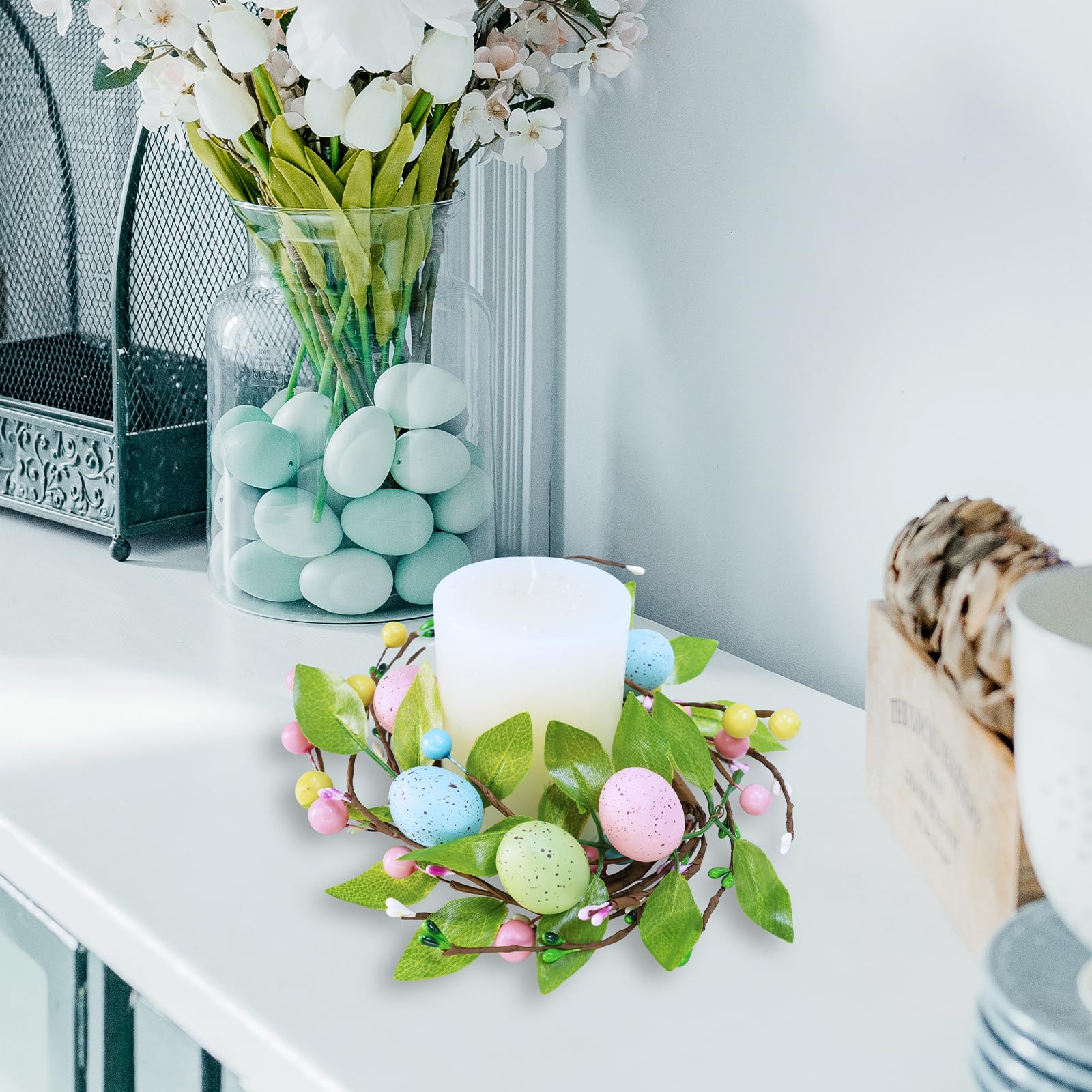 Winlyn 4 Pcs Easter Egg Candle Rings Wreaths Spring Artificial Foliage Berry and Egg Wreath Pastel Easter Eggs Candle Holder Rings 11" for Easter Holiday Springtime Decor Front Door Table Centerpiece