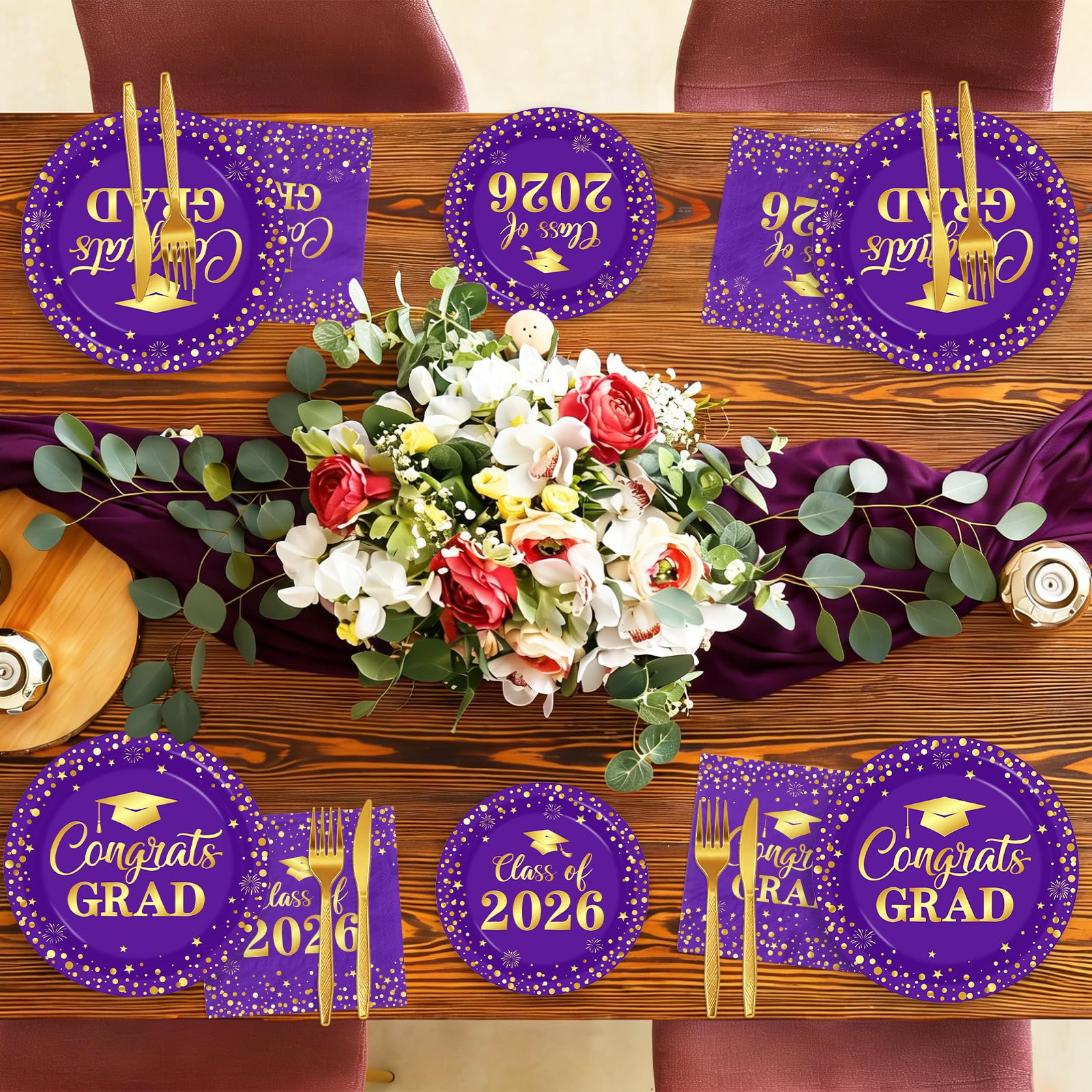 Graduation Plates and Napkins 2026, Purple and Gold Graduation Decorations, Disposable Congrats Grad Paper Plates Napkins Cups for Class of 2026 Party Supplies, Serve 25