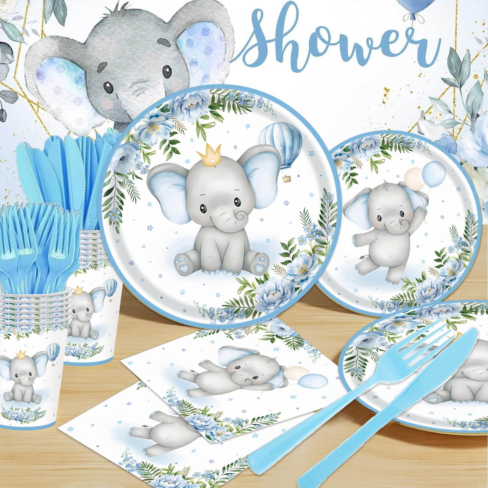 Elephant Baby Boy Shower Party Supplies - 175pcs Blue Elephant Party Decorations Paper Plates Napkins Cups and Utensils Tableware Sets Blue Floral Theme Birthday Party Tableware Set