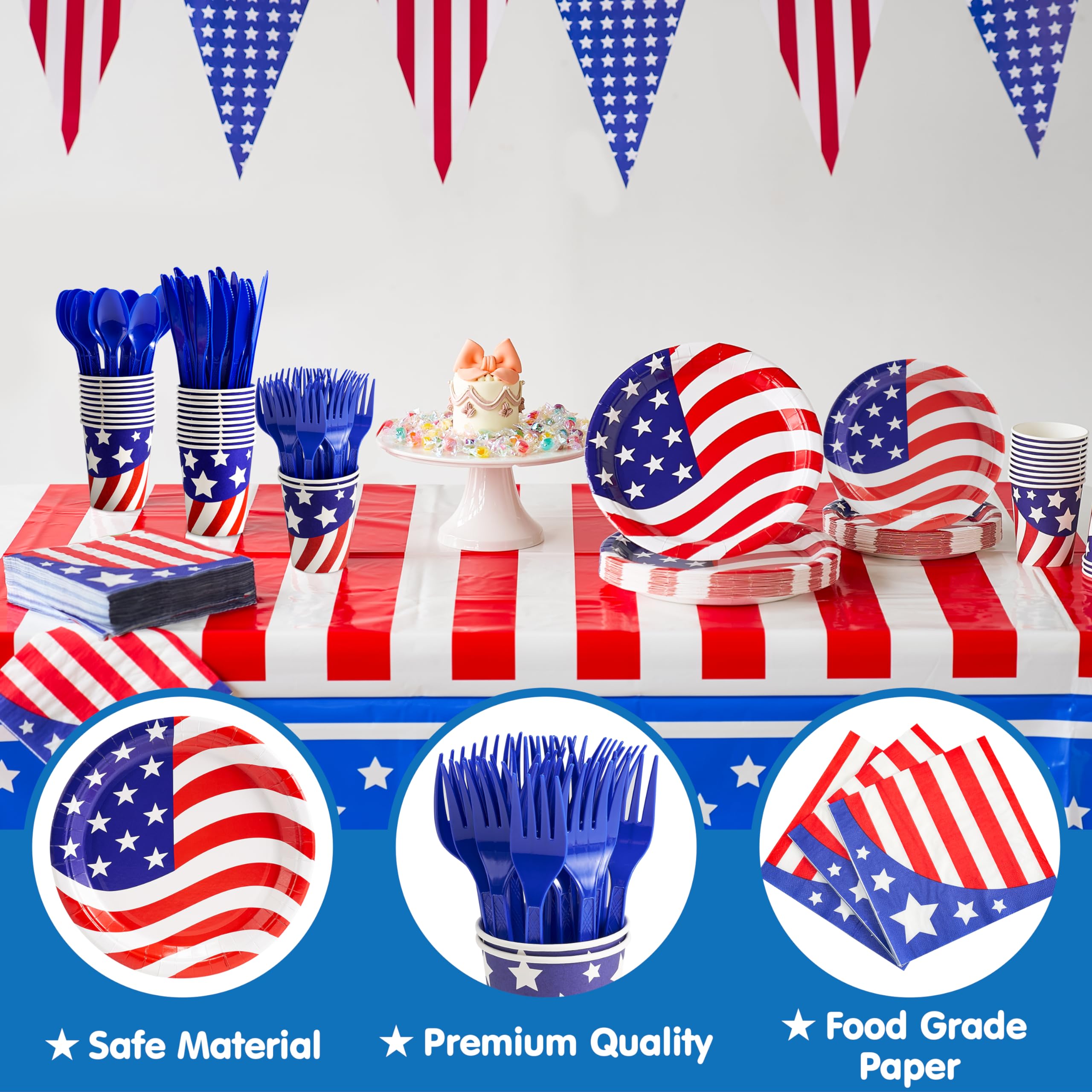 JOYIN 180 Pcs Patriotic Party Supplies Dinnerware Set of 30 Plates,30 Napkins,30 Paper Cups and 90 Plastic Utensils for 4th of July Celebration, Memorial Day, Patriotic Party Decoration (Serves 30)