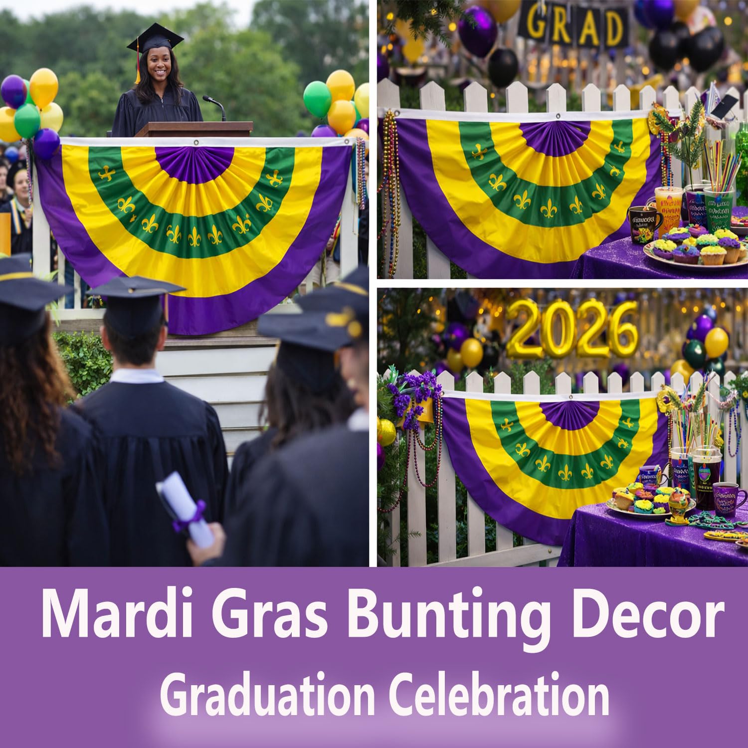 4 Pcs Mardi Gras Bunting Flag 2 x 4Ft Carnival Pleated Fan Flag with Embroidery Iris Banner Mardi Gras Purple Yellow Green Party Decor for Indoor Outdoor Garden Hanging Porch Home Decoration